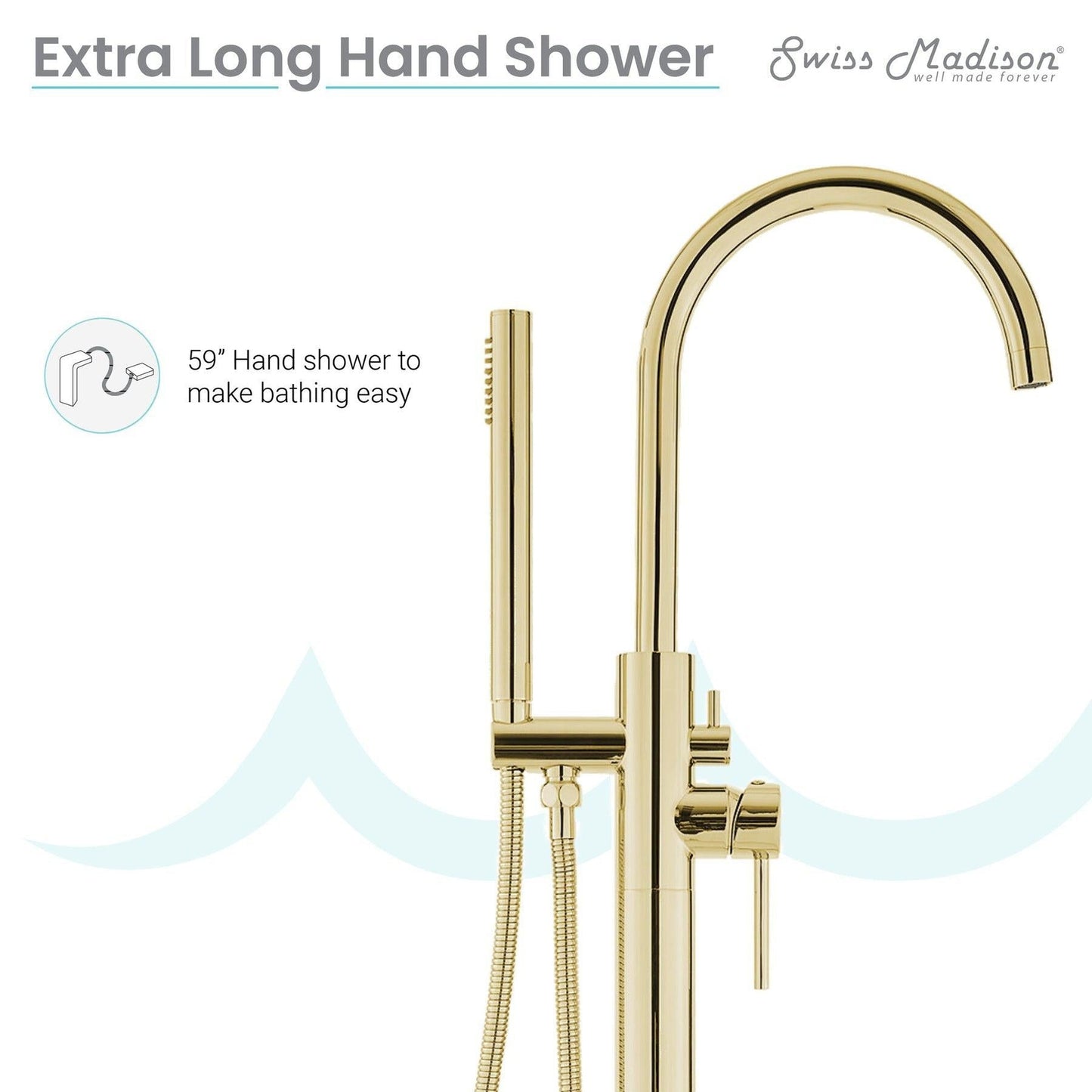 Swiss Madison Ivy 43" Brushed Gold Single Hole Floor Mounted Bathtub Faucet With Hand Shower, Tub Spout and Handle