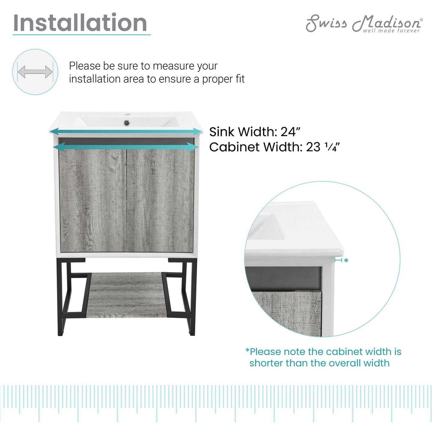 Swiss Madison Marseille 24" x 35" Freestanding Gray Oak Bathroom Vanity With Ceramic Single Sink and Stainless Steel Metal Legs