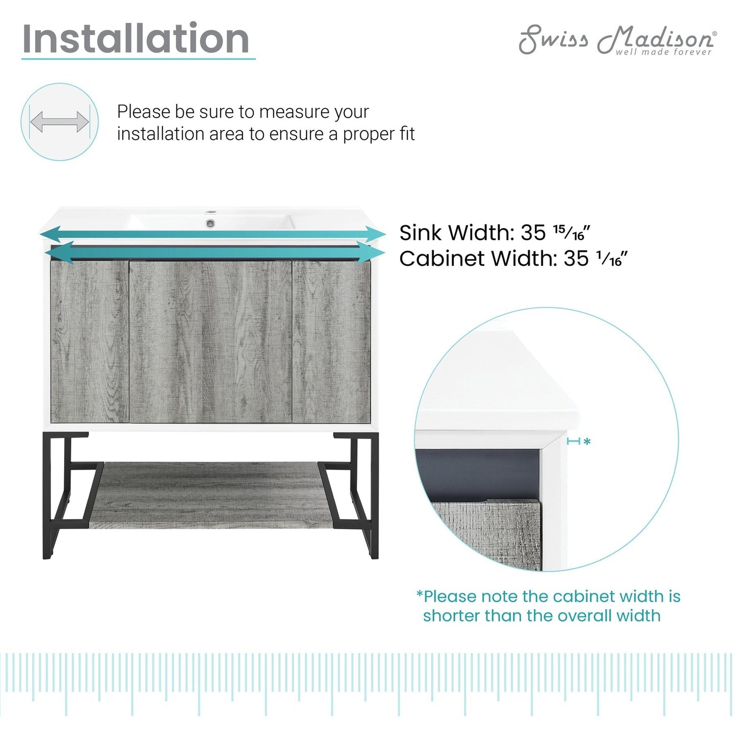 Swiss Madison Marseille 36" x 35" Freestanding Gray Oak Bathroom Vanity With Ceramic Single Sink and Stainless Steel Metal Legs