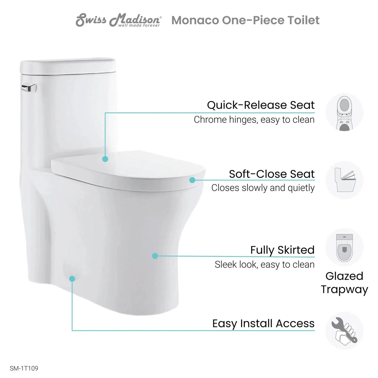 Swiss Madison Monaco 15" x 30" White One-Piece Elongated Floor Mounted Toilet With 1.28 GPF Side Flush Function