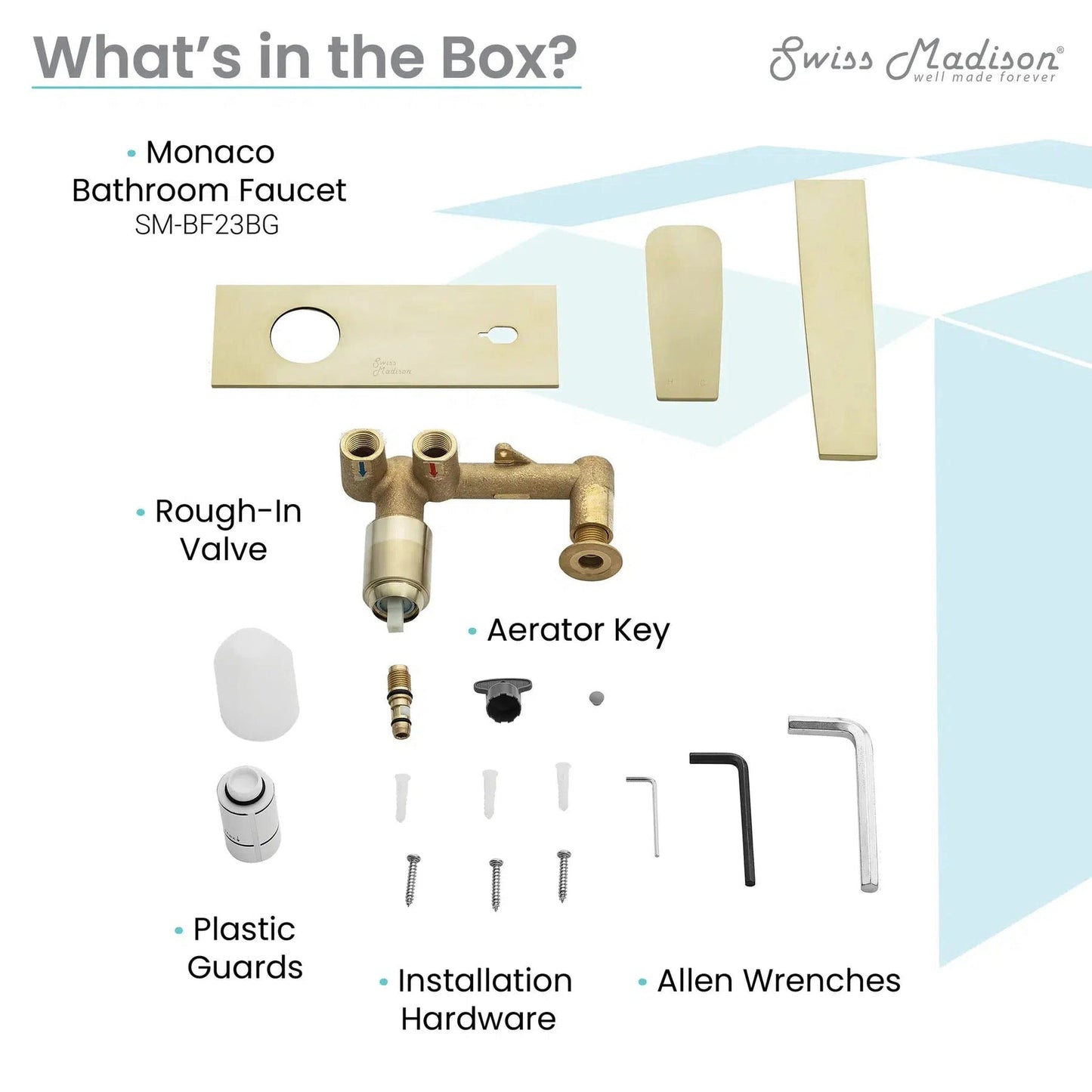 Swiss Madison Monaco 8" Brushed Gold Two Hole Wall-Mounted Bathroom Faucet With Single Lever Handle and 1.2 GPM Flow Rate