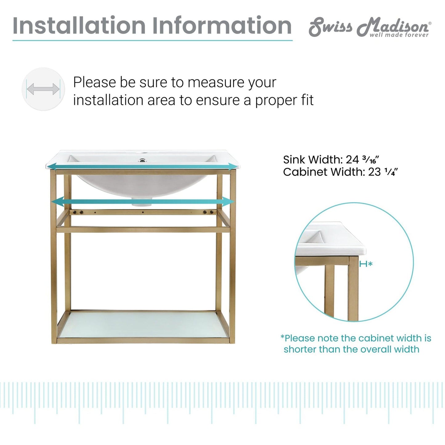 Swiss Madison Pierre 24" x 24" Wall-Mounted White Bathroom Vanity With Ceramic Single Sink and Gold Metal Frame