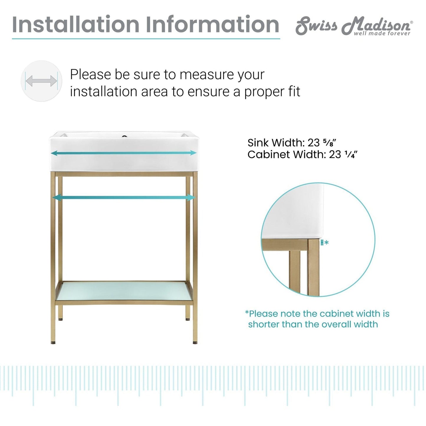 Swiss Madison Pierre 24" x 34" Freestanding White Bathroom Vanity With Ceramic Single Sink and Gold Metal Frame