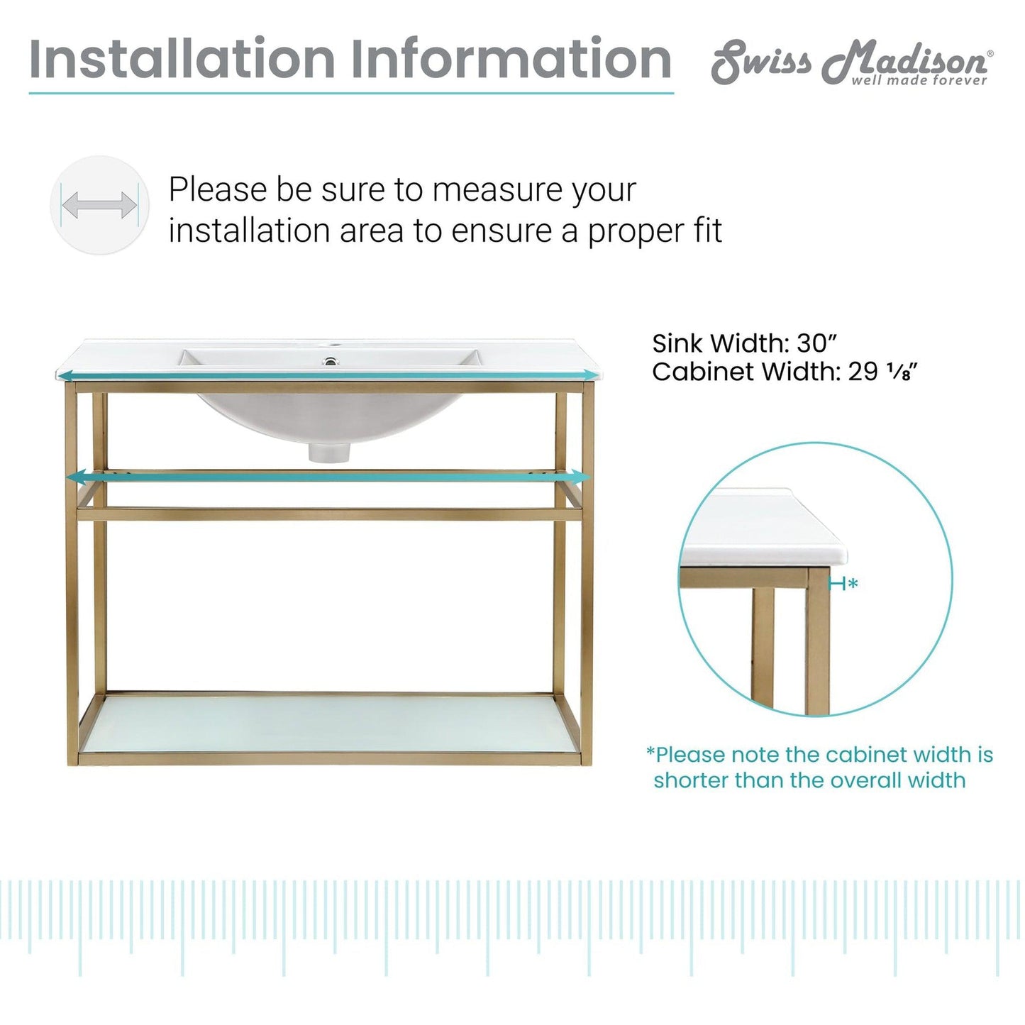 Swiss Madison Pierre 30" x 24" Wall-Mounted White Bathroom Vanity With Ceramic Single Sink and Gold Metal Frame
