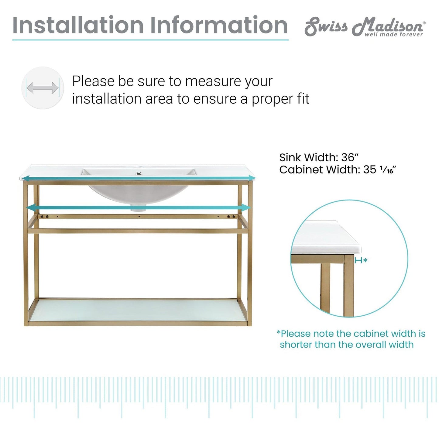 Swiss Madison Pierre 36" x 24" Wall-Mounted White Bathroom Vanity With Ceramic Single Sink and Gold Metal Frame
