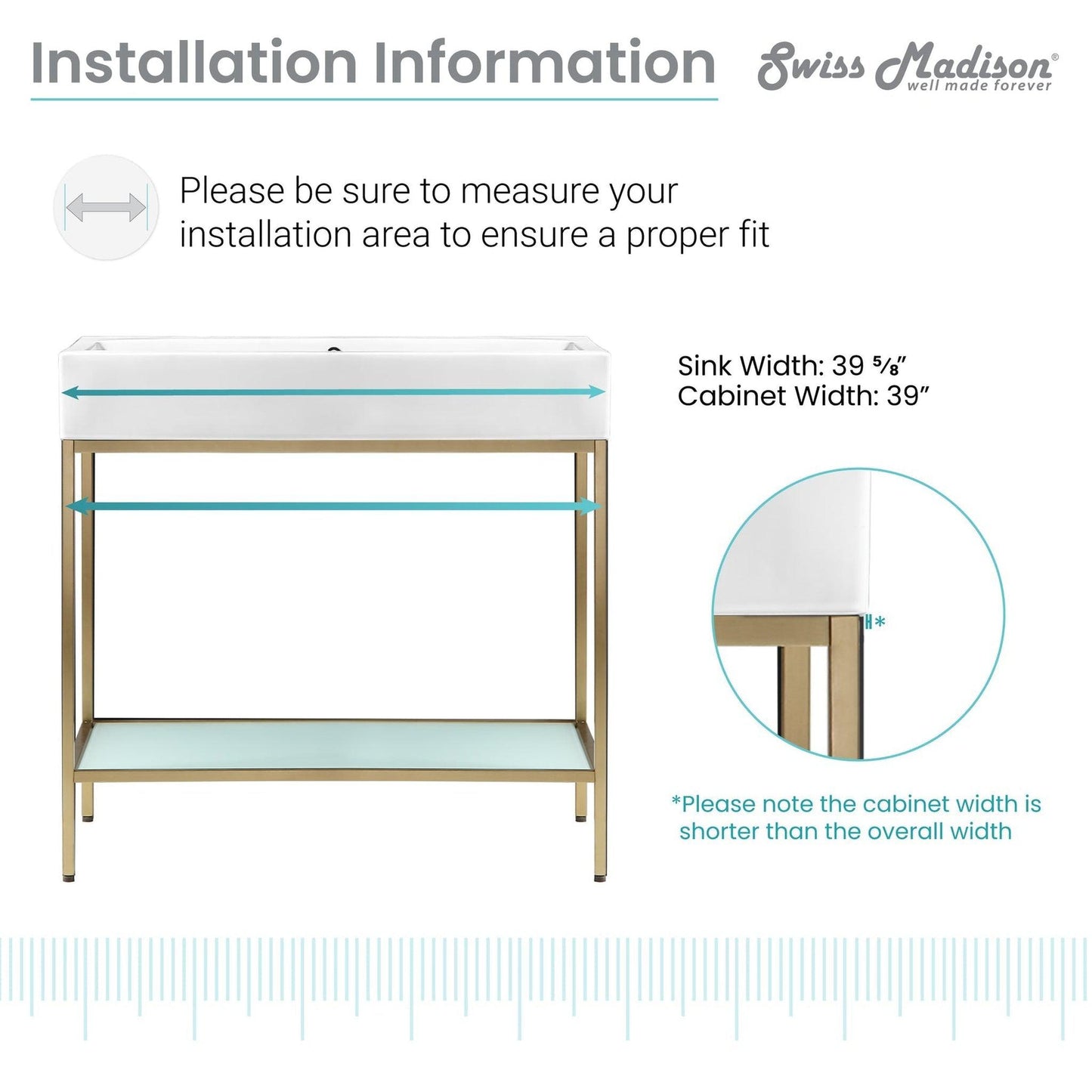 Swiss Madison Pierre 40" x 34" Freestanding White Bathroom Vanity With Ceramic Single Sink and Gold Metal Frame