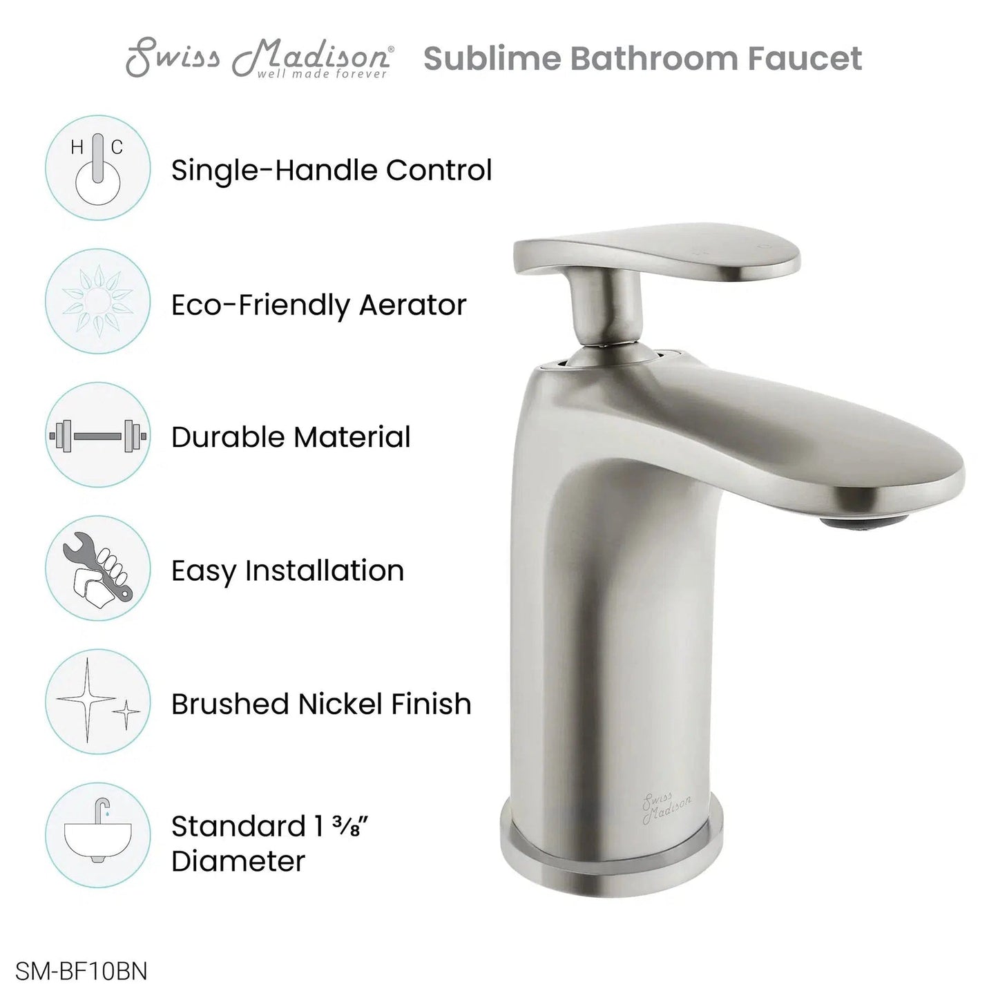 Swiss Madison Sublime 7" Brushed Nickel Single Hole Bathroom Faucet With Flow Rate of 1.2 GPM