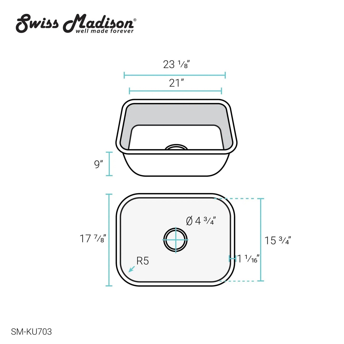 Swiss Madison Toulouse 23" x 18" Rectangle Stainless Steel Bathroom Undermount Sink