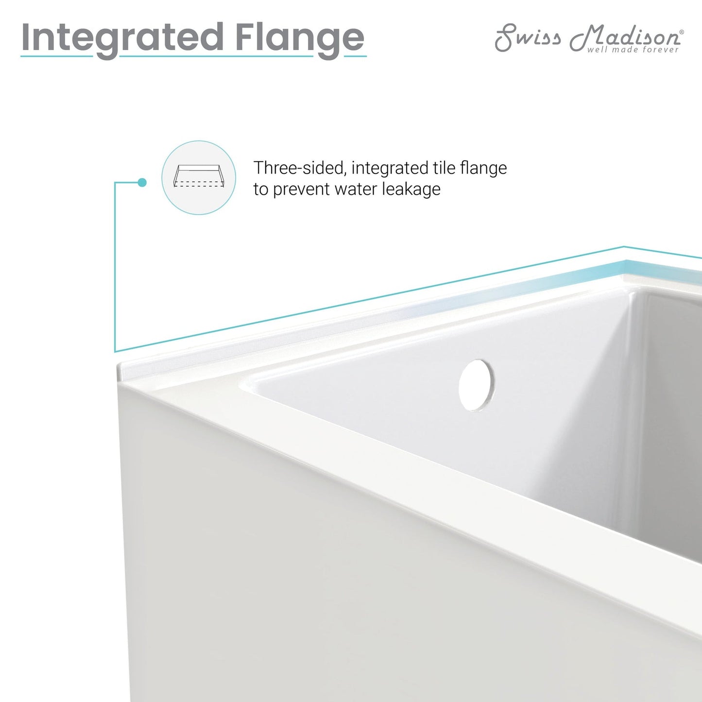 Swiss Madison Virage 60" x 30" White Right-Hand Drain Alcove Bathtub With Built-In Flange & Sleek Apron Front