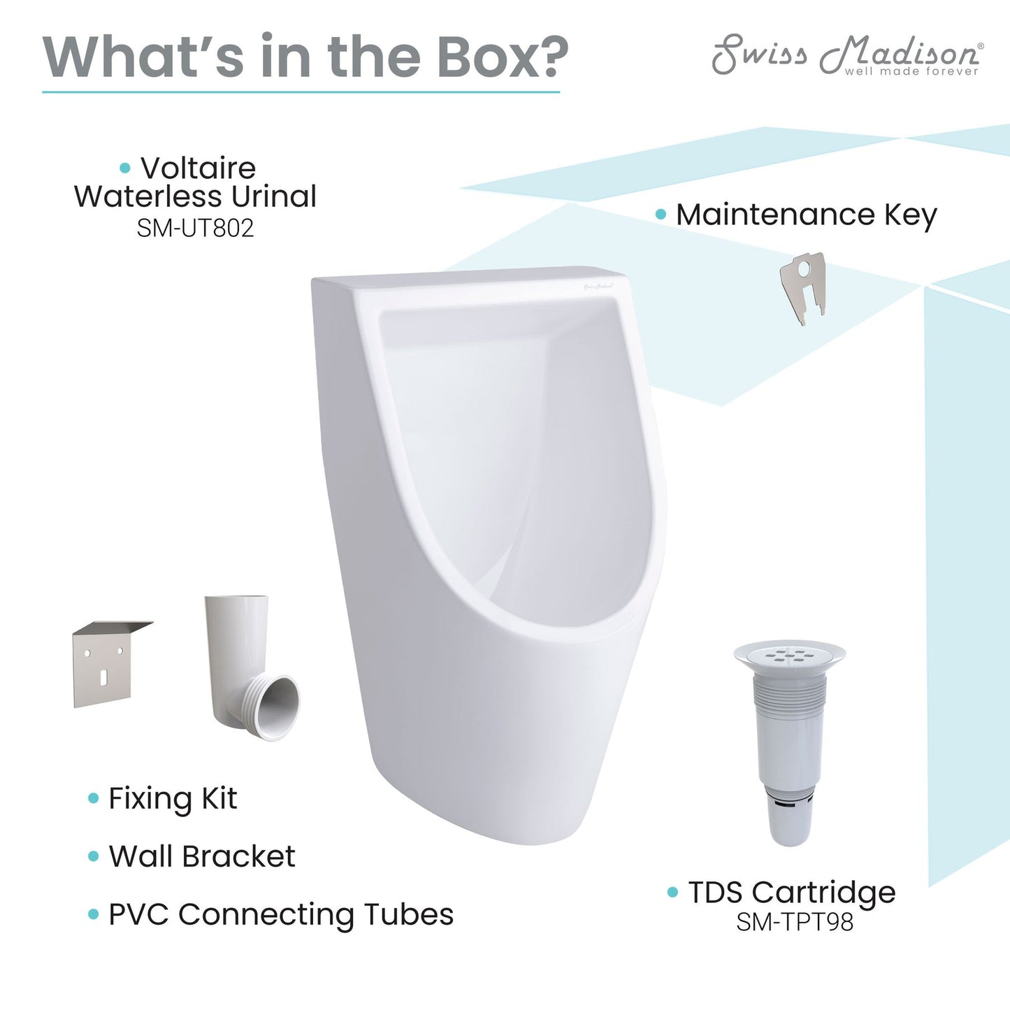 Swiss Madison Voltaire 14" x 25" White Ceramic Wall-Mounted Waterless Urinal With 2" Rear Outlet