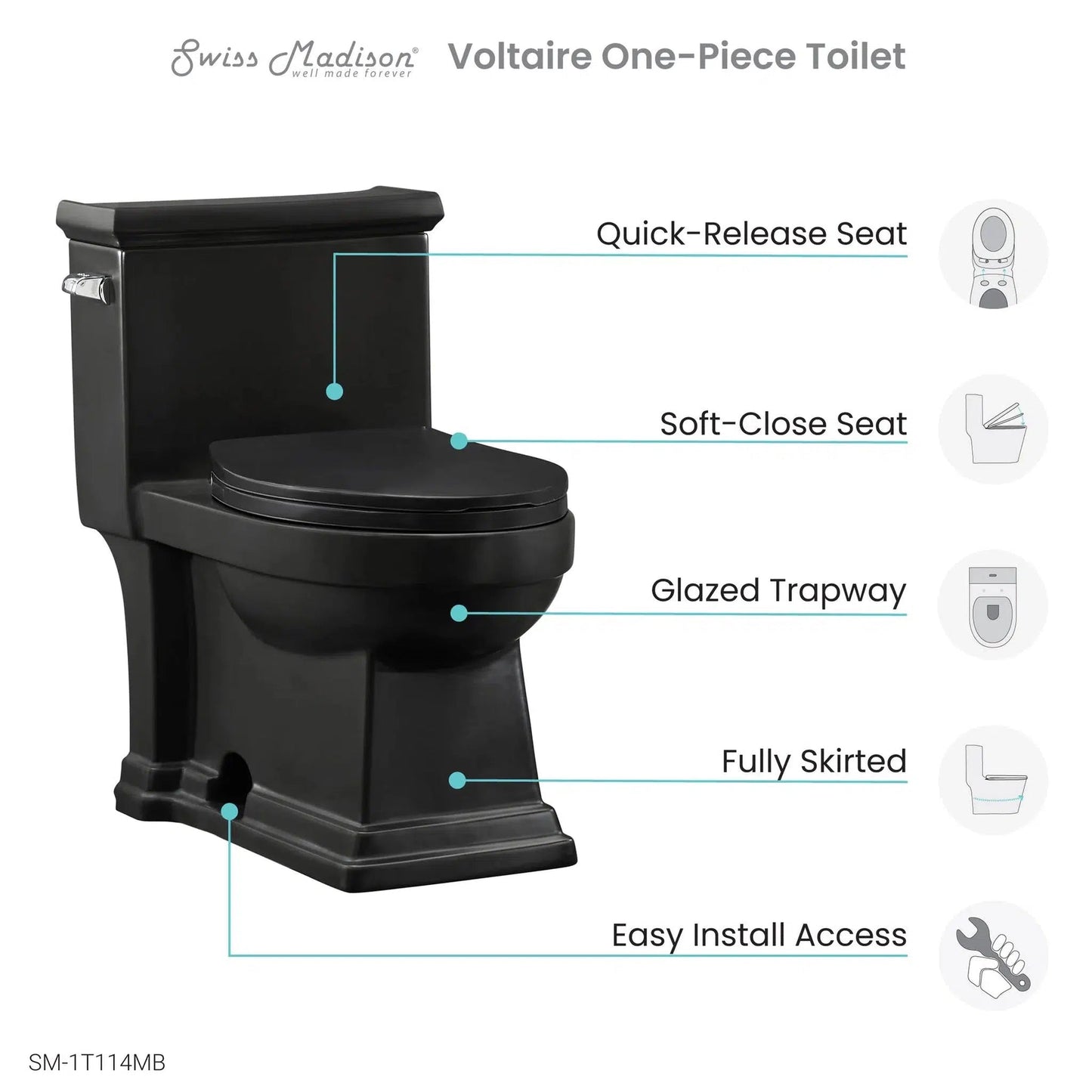 Swiss Madison Voltaire 17" x 29" Matte Black One-Piece Elongated Floor Mounted Toilet With 1.28 GPF Side Flush Function