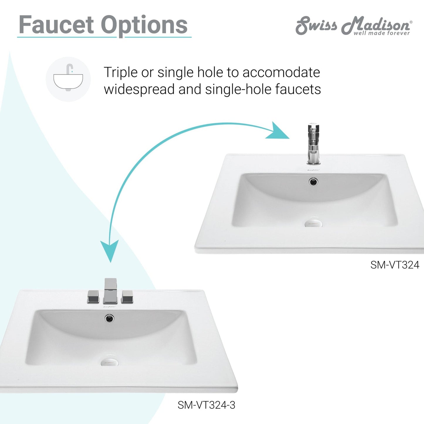 Swiss Madison Voltaire 31" x 22" Rectangular White Ceramic Bathroom Vanity Top Drop-In Sink With Single Hole Faucet