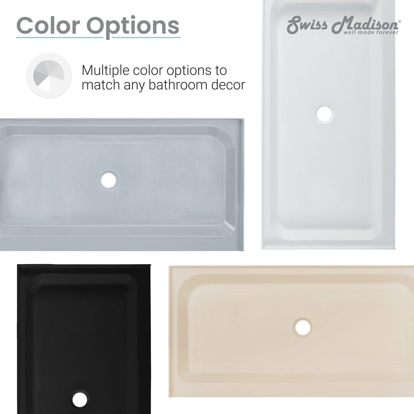 Swiss Madison Voltaire 36" x 36" Three-Wall Alcove Gray Center-Hand Drain Shower Base With Built-In Integral Flange
