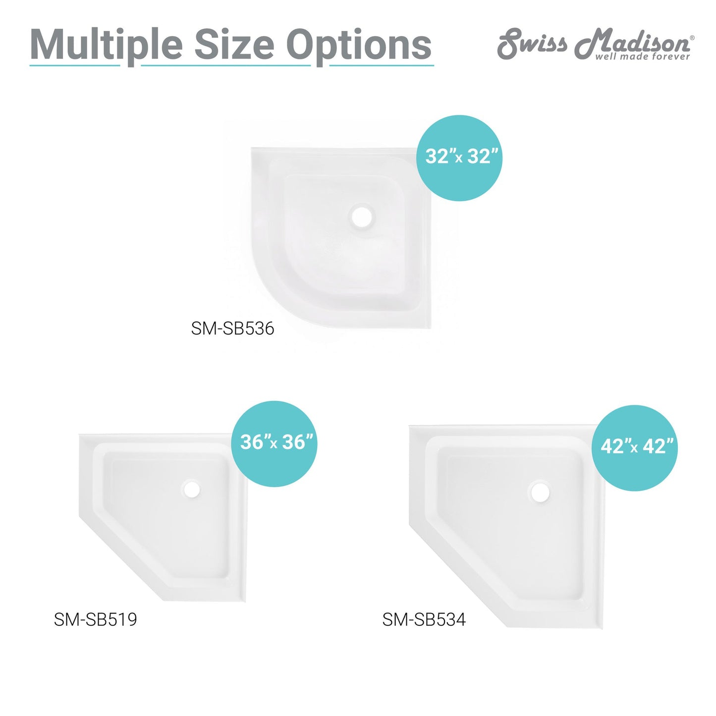 Swiss Madison Voltaire 42" x 42" Cornered White Center Drain Shower Base With Built-In Integral Flange