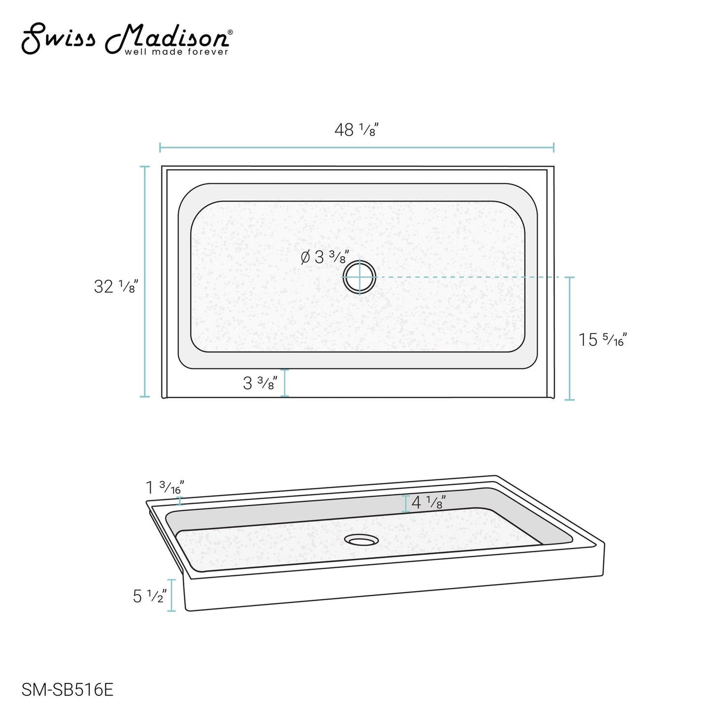Swiss Madison Voltaire 48" x 32" Three-Wall Alcove Gray Center Drain Shower Base With Built-In Integral Flange