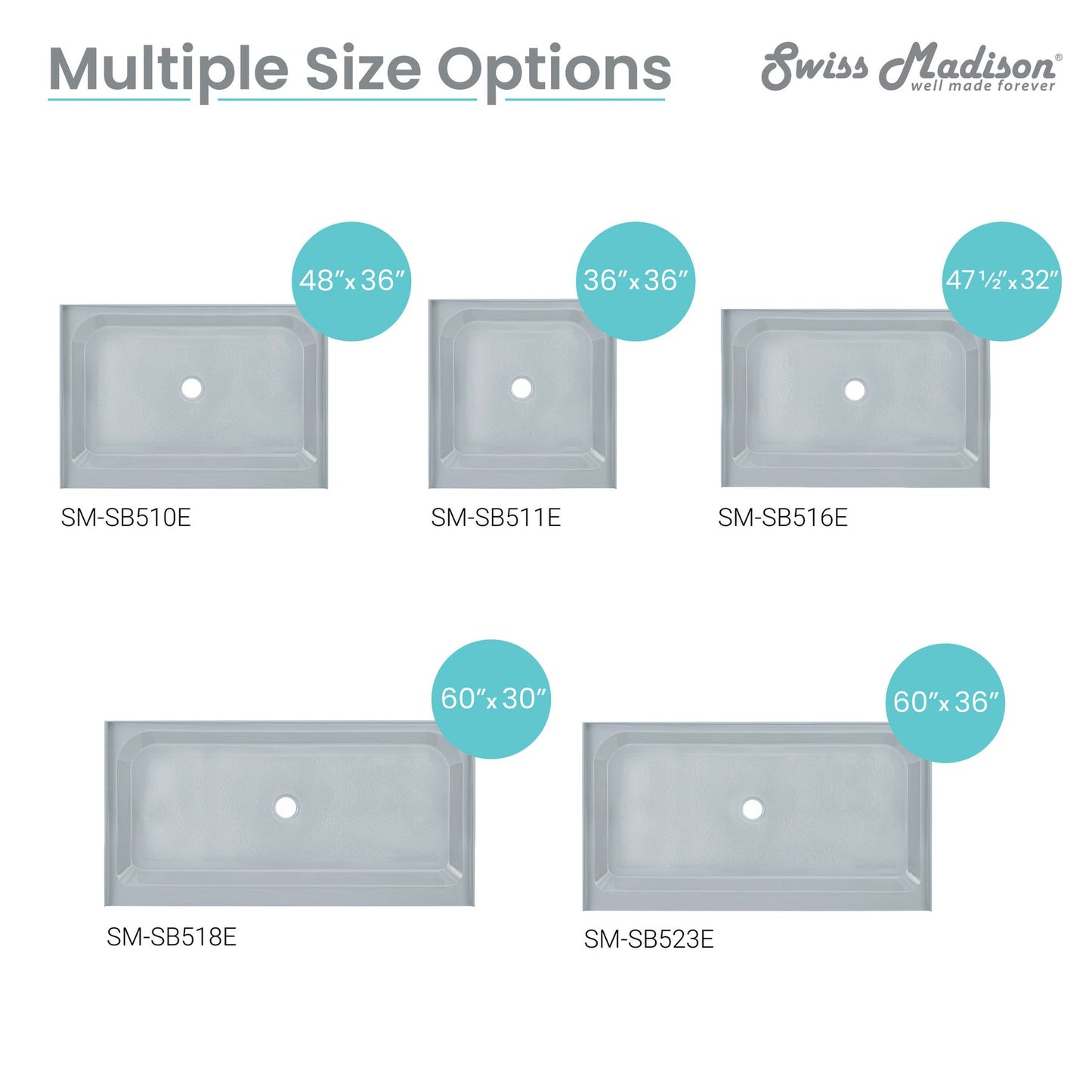 Swiss Madison Voltaire 48" x 36" Three-Wall Alcove Gray Center-Hand Drain Shower Base With Built-In Integral Flange