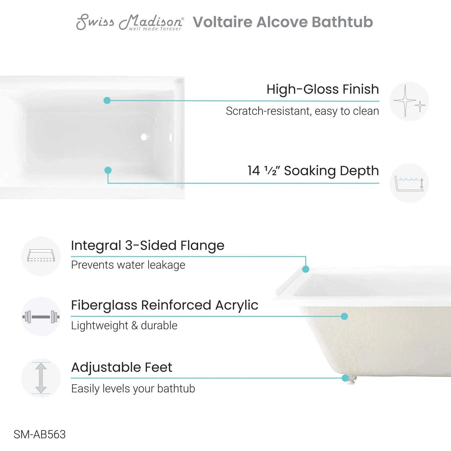 Swiss Madison Voltaire 54" x 30" Glossy White Right-Hand Drain Alcove Bathtub With Built-In Flange & Adjustable Feet