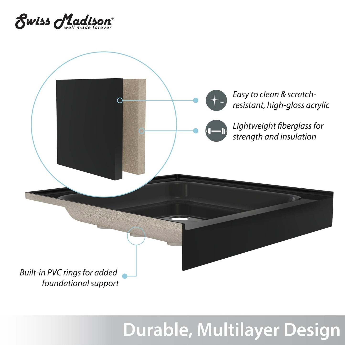 Swiss Madison Voltaire 60" x 30" Three-Wall Alcove Black Center Drain Shower Base With Built-In Integral Flange