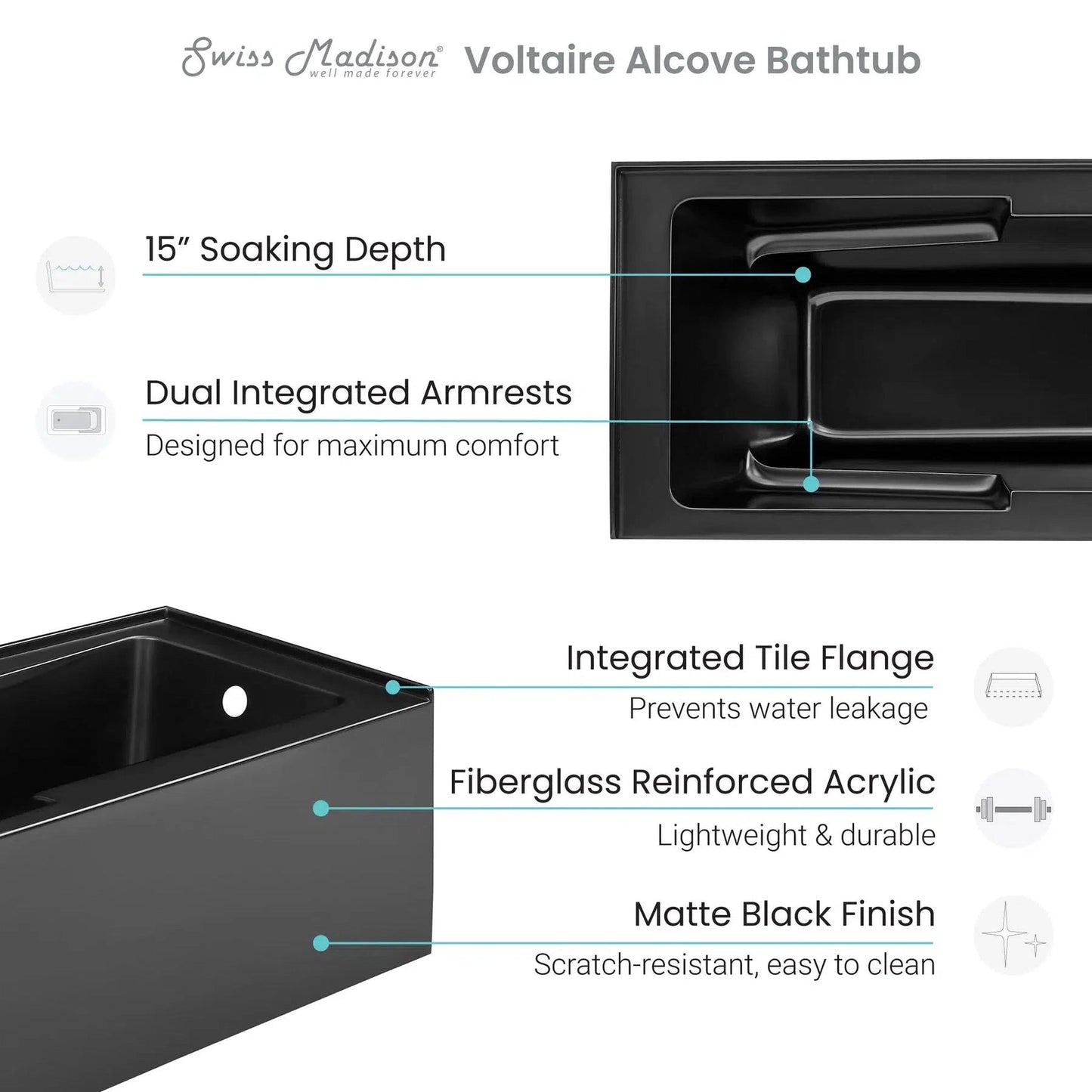 Swiss Madison Voltaire 60" x 32" Matte Black Right-Hand Drain Alcove Bathtub With Integrated Armrest and Built-In Flange & Apron Front