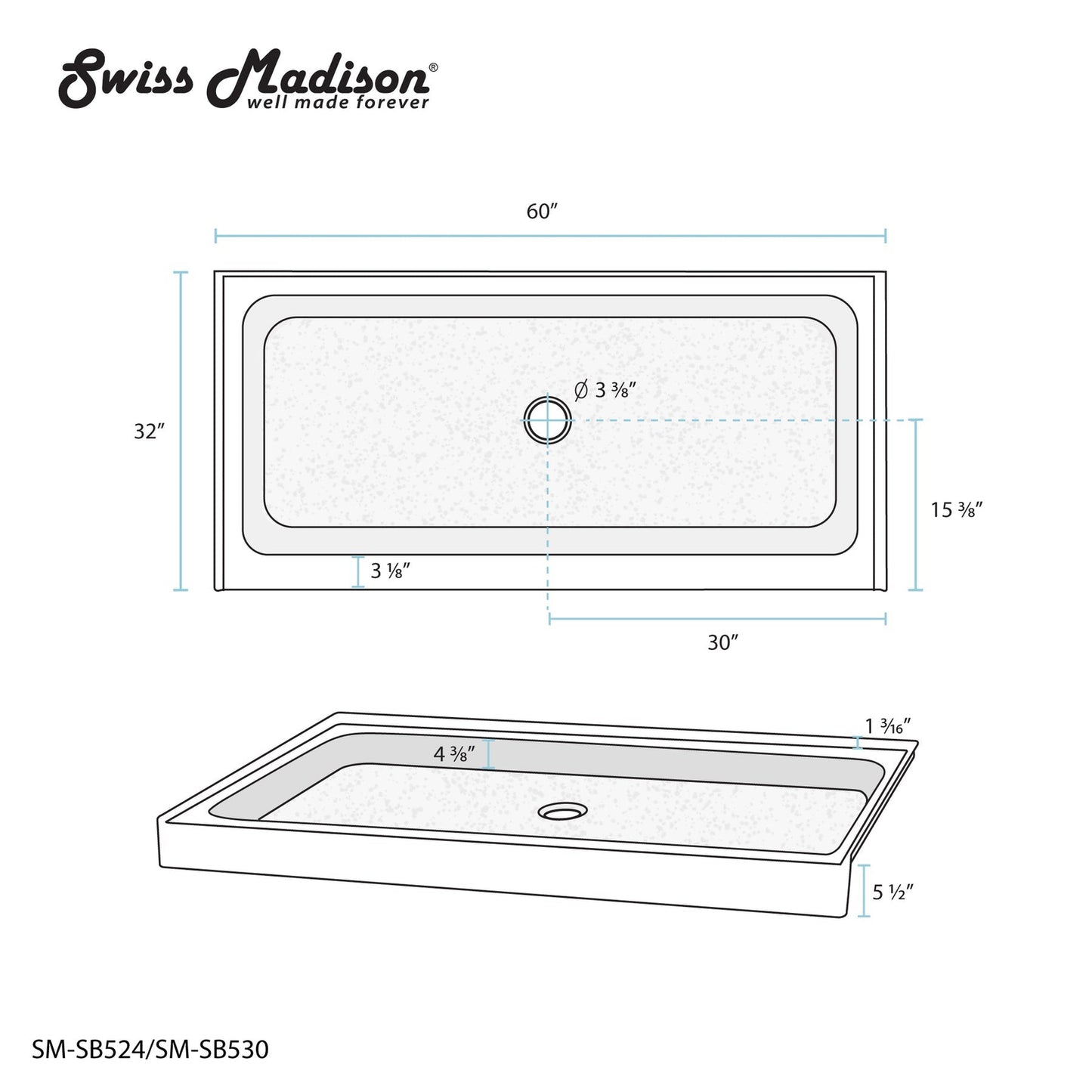 Swiss Madison Voltaire 60" x 32" Three-Wall Alcove Black Center Drain Shower Base With Built-In Integral Flange
