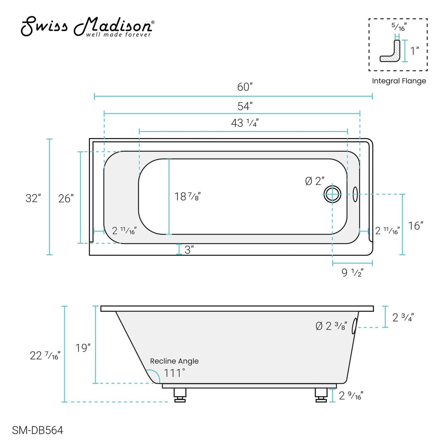Swiss Madison Voltaire 60" x 32" White Right-Hand Drain Alcove Bathtub With Built-In Flange & Adjustable Feet