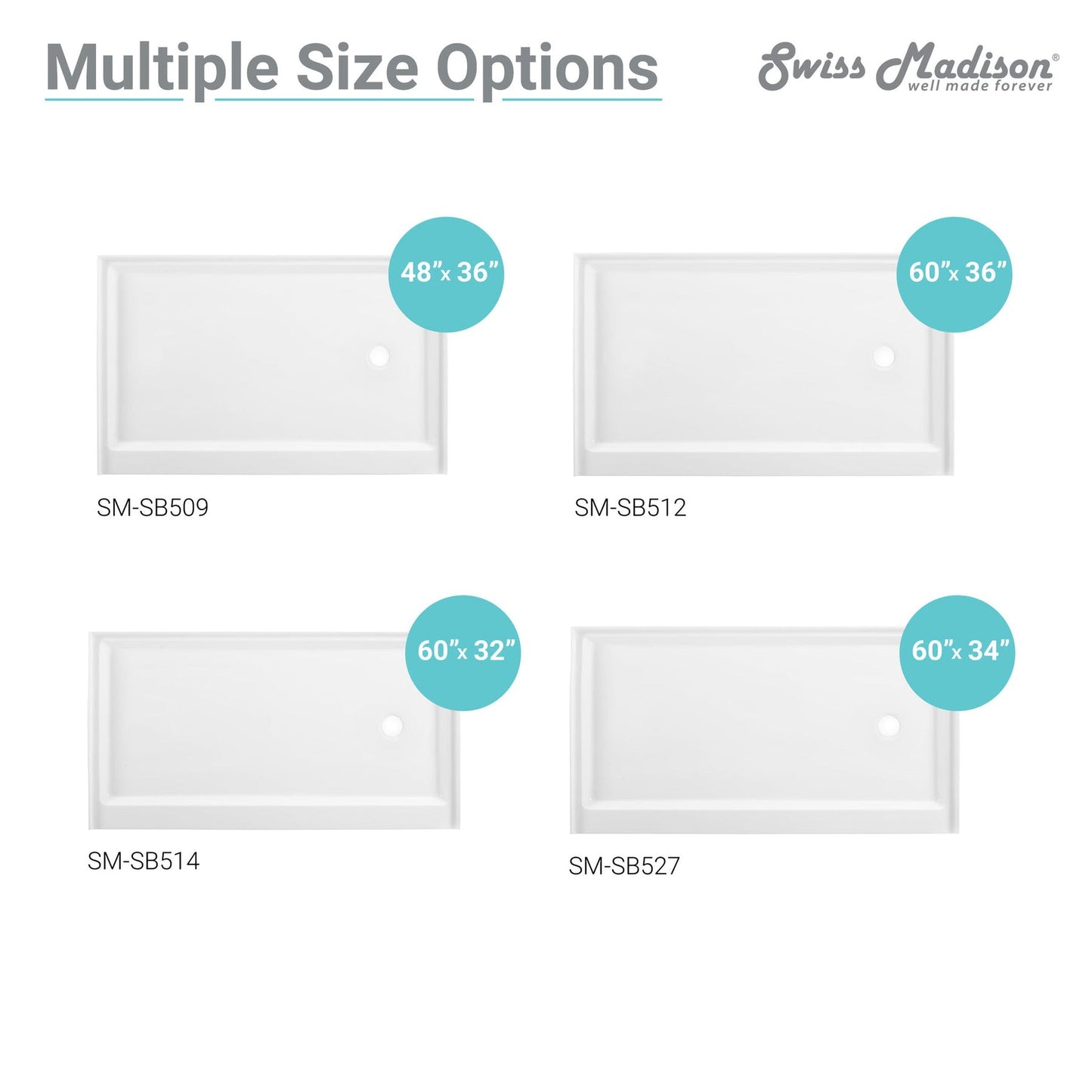 Swiss Madison Voltaire 60" x 36" Three-Wall Alcove White Right-Hand Drain Shower Base With Built-In Integral Flange