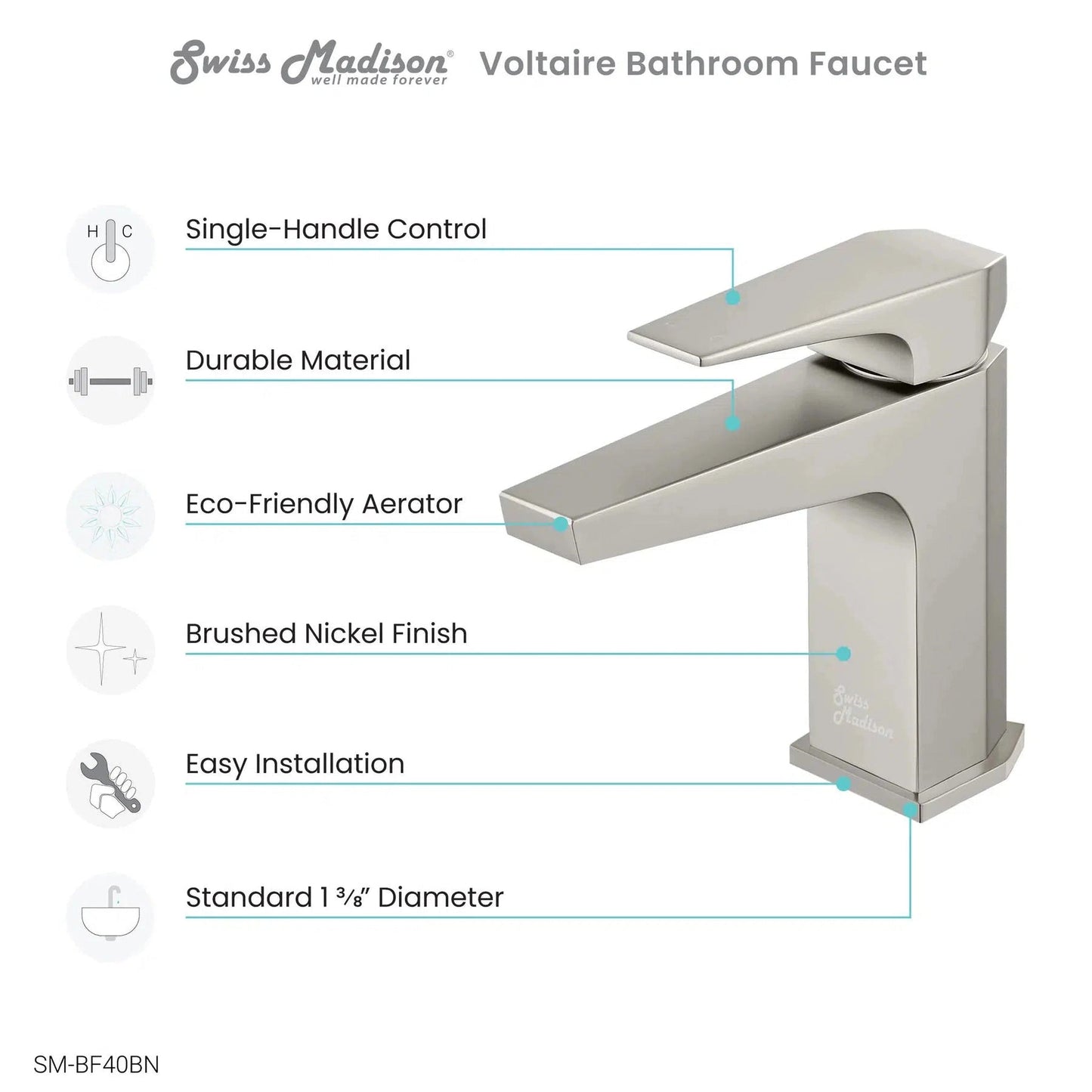 Swiss Madison Voltaire 7" Brushed Nickel Single Hole Bathroom Faucet With Flow Rate of 1.5 GPM