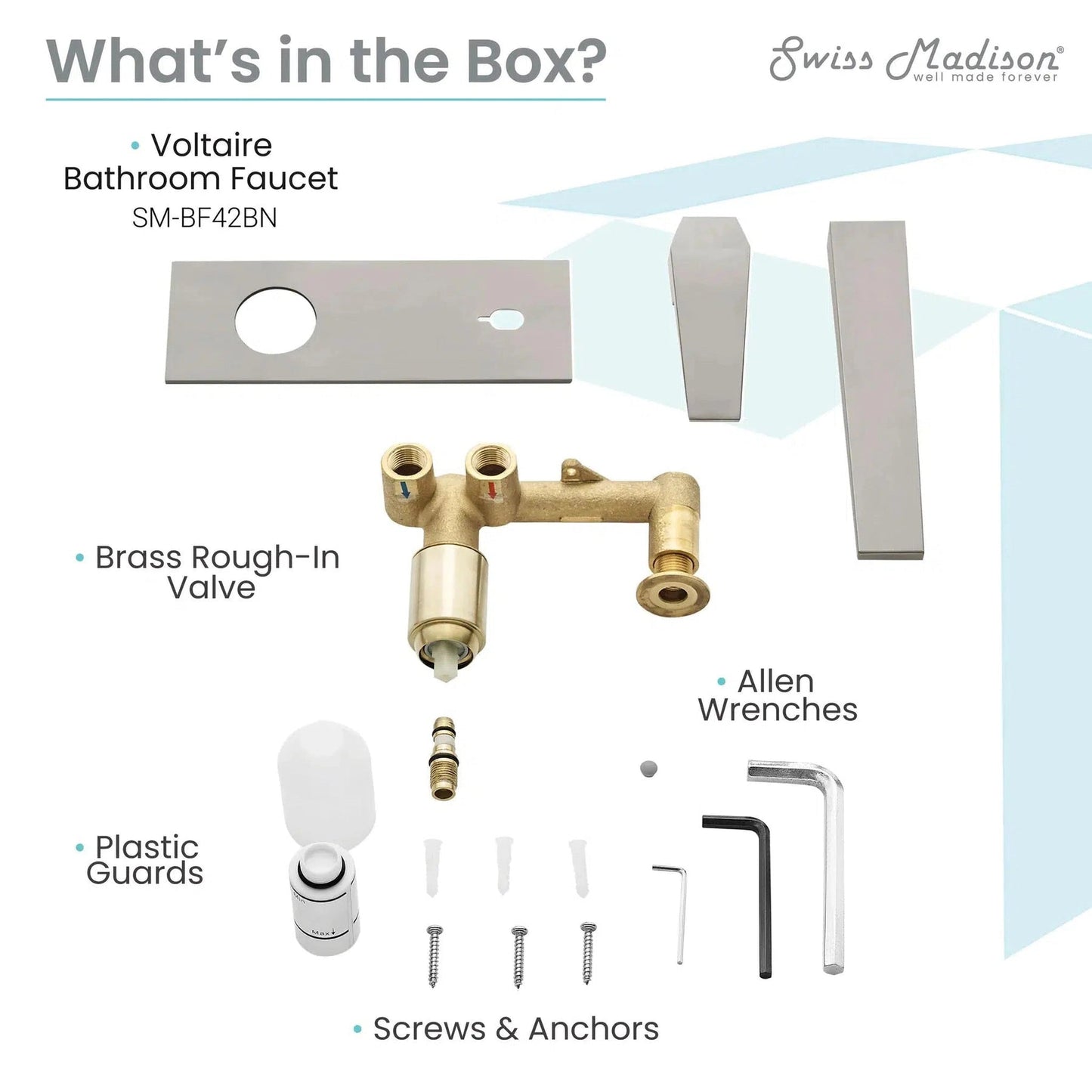 Swiss Madison Voltaire 9" Brushed Nickel Two Hole Wall-Mounted Bathroom Faucet With Single Lever Handle and 1.5 GPM Flow Rate