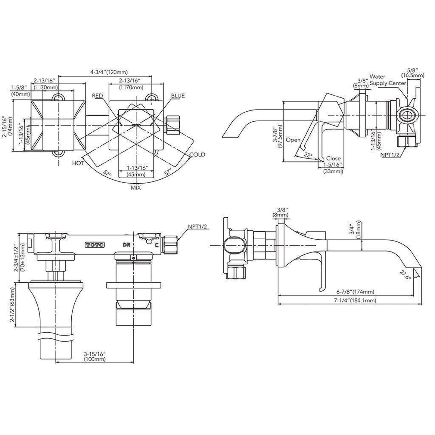 TOTO GC Polished French Gold 1.2 GPM Single-Handle Wall-Mounted Short Bathroom Sink Faucet With Comfort Glide