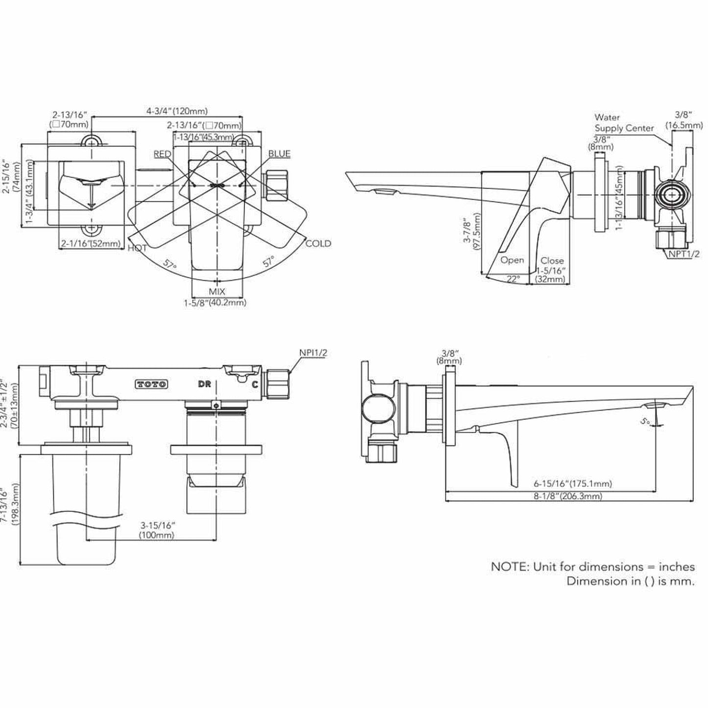TOTO GE Polished French Gold 1.2 GPM Single-Handle Short Wall-Mounted Bathroom Sink Faucet With Comfort Glide