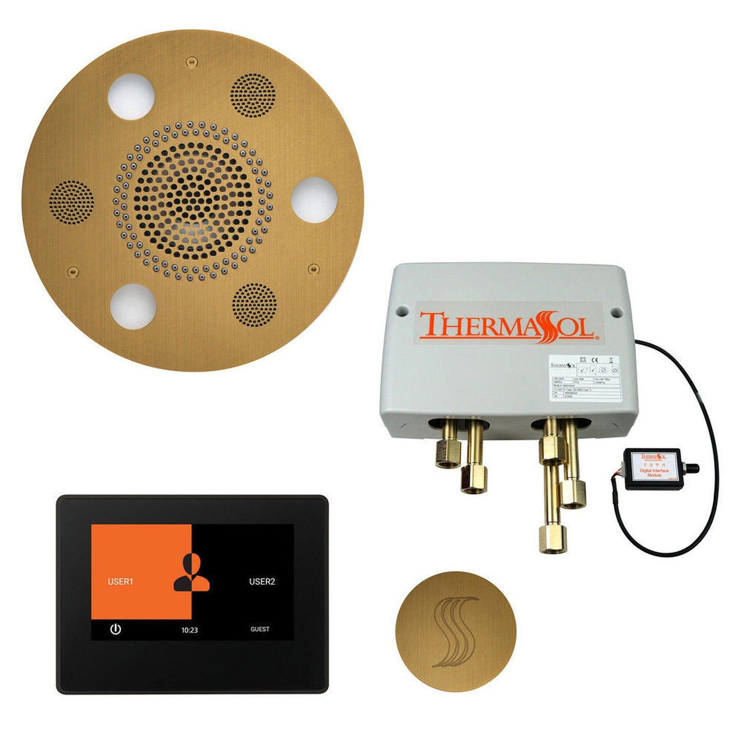 ThermaSol The Total Wellness Antique Brass Finish Serenity Advanced Round Package with 7" ThermaTouch and Round SteamVection
