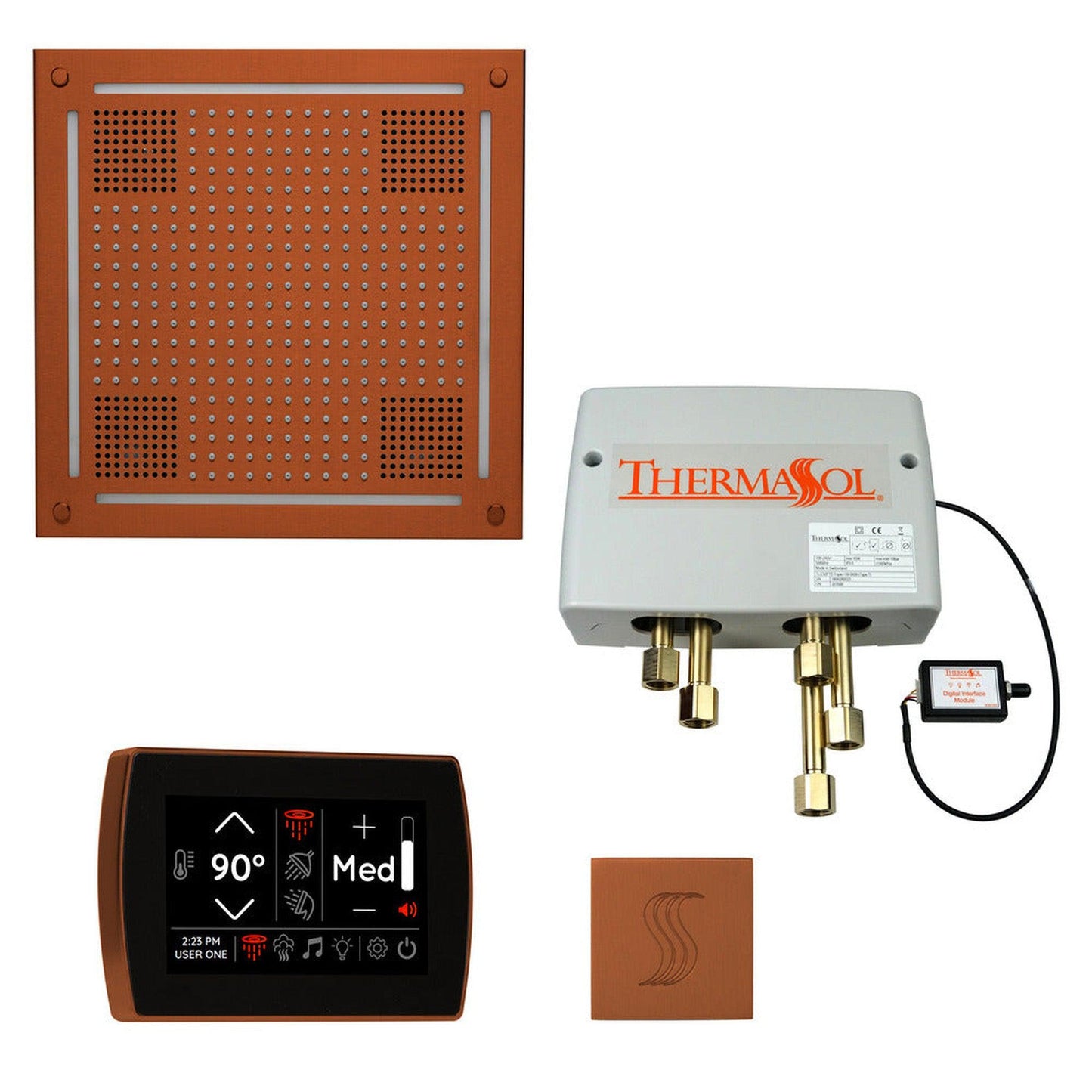 ThermaSol The Total Wellness Antique Copper Finish Hydrovive Package with 5" Recessed SignaTouch and Square SteamVection