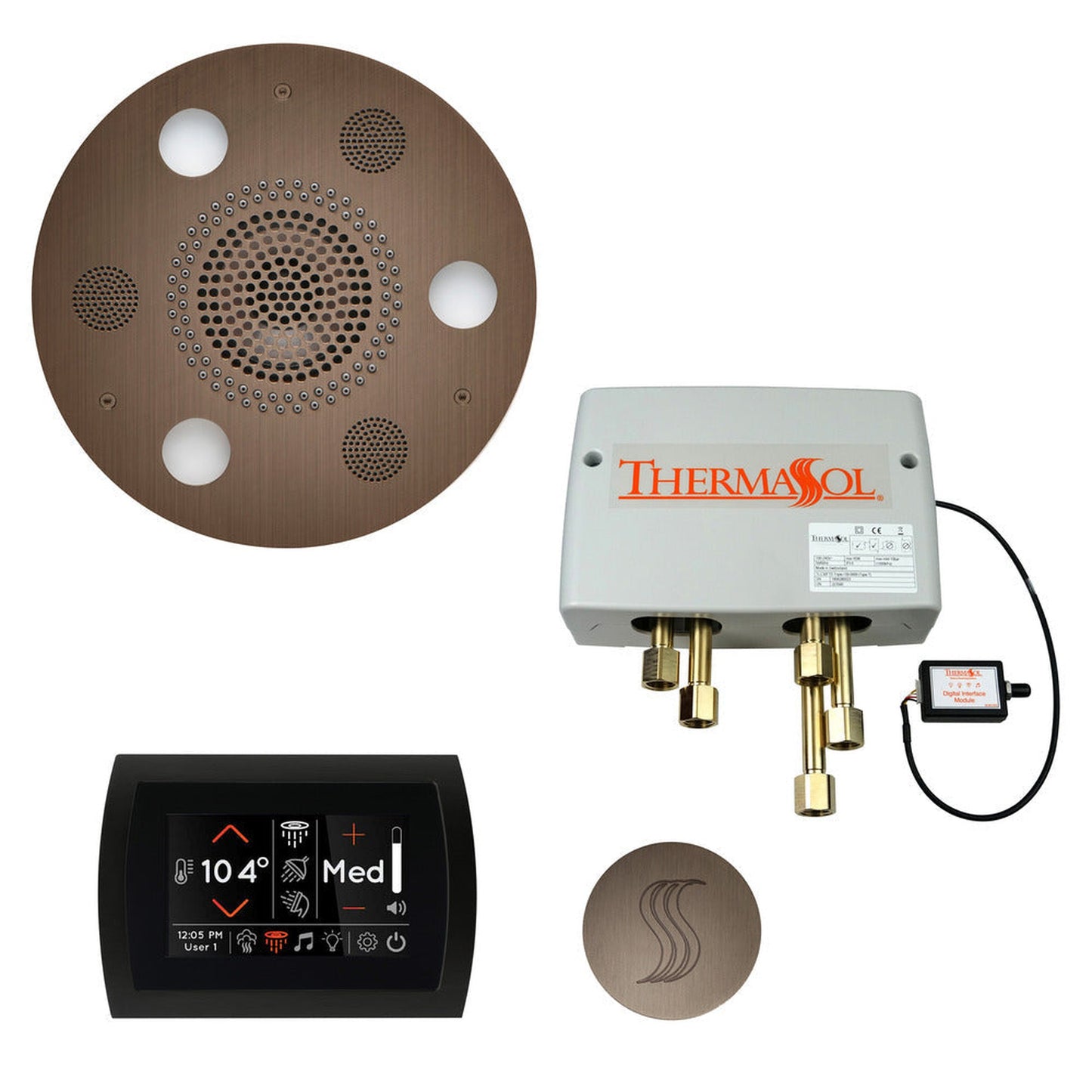 ThermaSol The Total Wellness Antique Nickel Finish Serenity Advancedd Round Package with 5" Flushmount SignaTouch and Round SteamVection