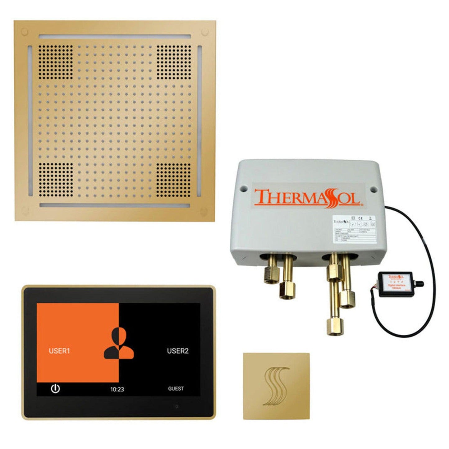 ThermaSol The Total Wellness Polished Brass Finish Hydrovive Package with 10" ThermaTouch and Square SteamVection