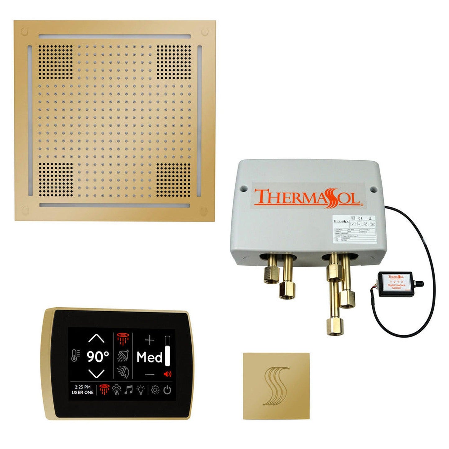 ThermaSol The Total Wellness Polished Brass Finish Hydrovive Package with 5" Recessed SignaTouch and Square SteamVection