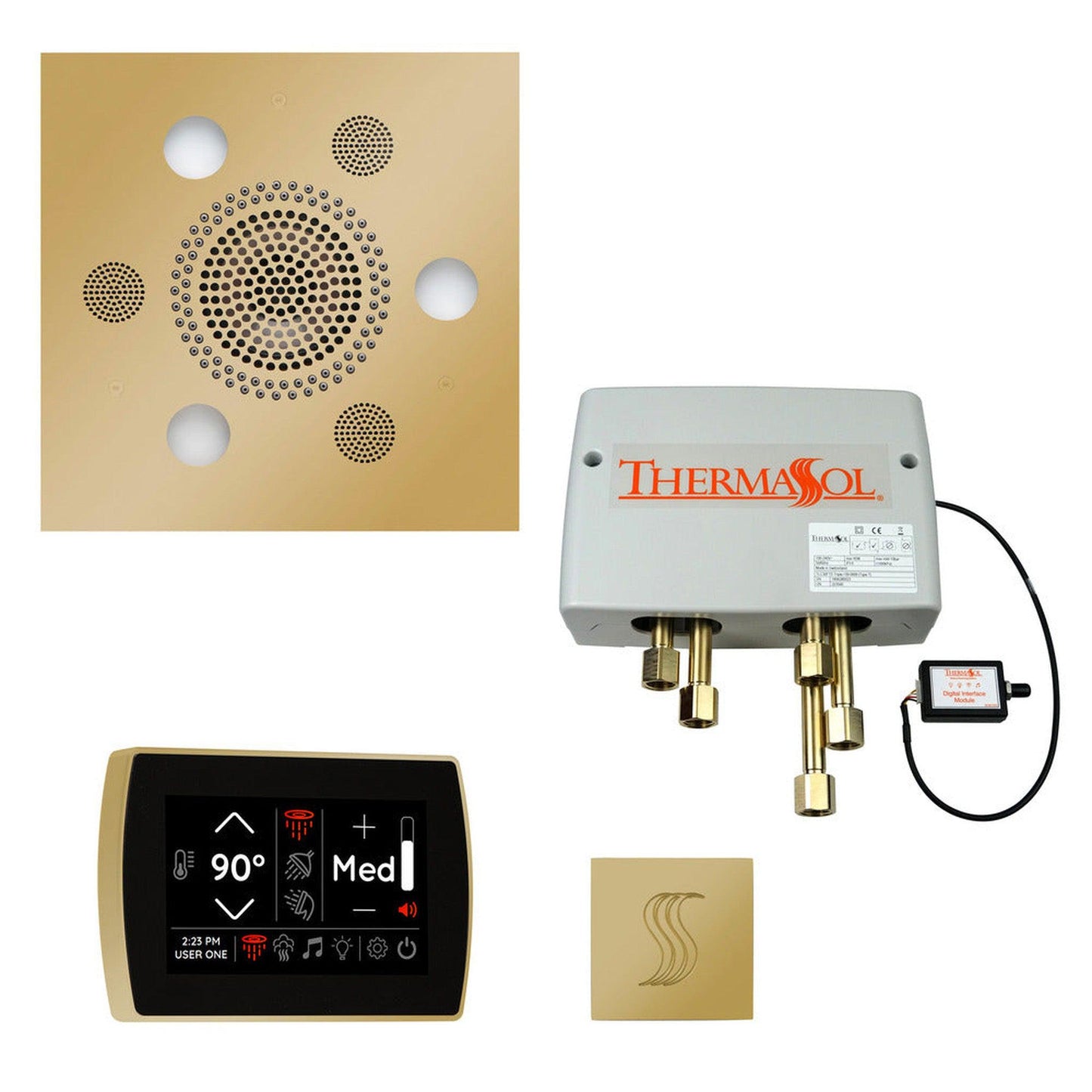ThermaSol The Total Wellness Polished Brass Finish Serenity Advancedd Square Package with 5" Recessed SignaTouch and Square SteamVection