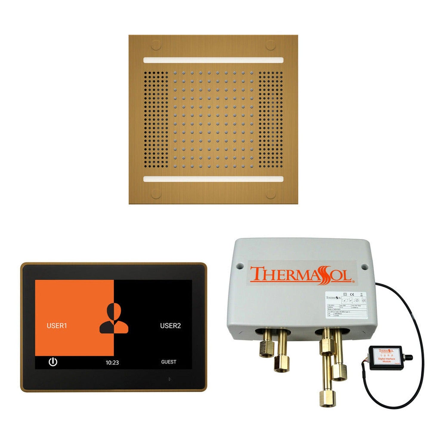 ThermaSol The Wellness Antique Brass Finish Hydrovive14 Shower Square Package with 10" ThermaTouch