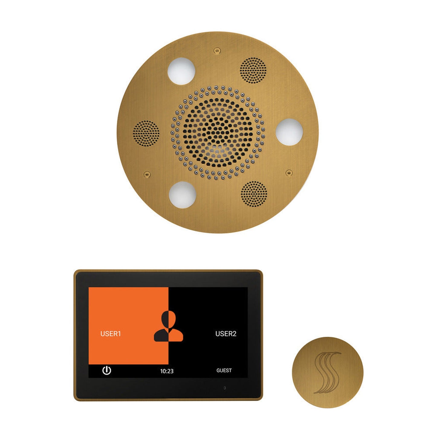 ThermaSol The Wellness Antique Brass Finish Serenity Advanced Round Steam Package with 10" ThermaTouch and SteamVection