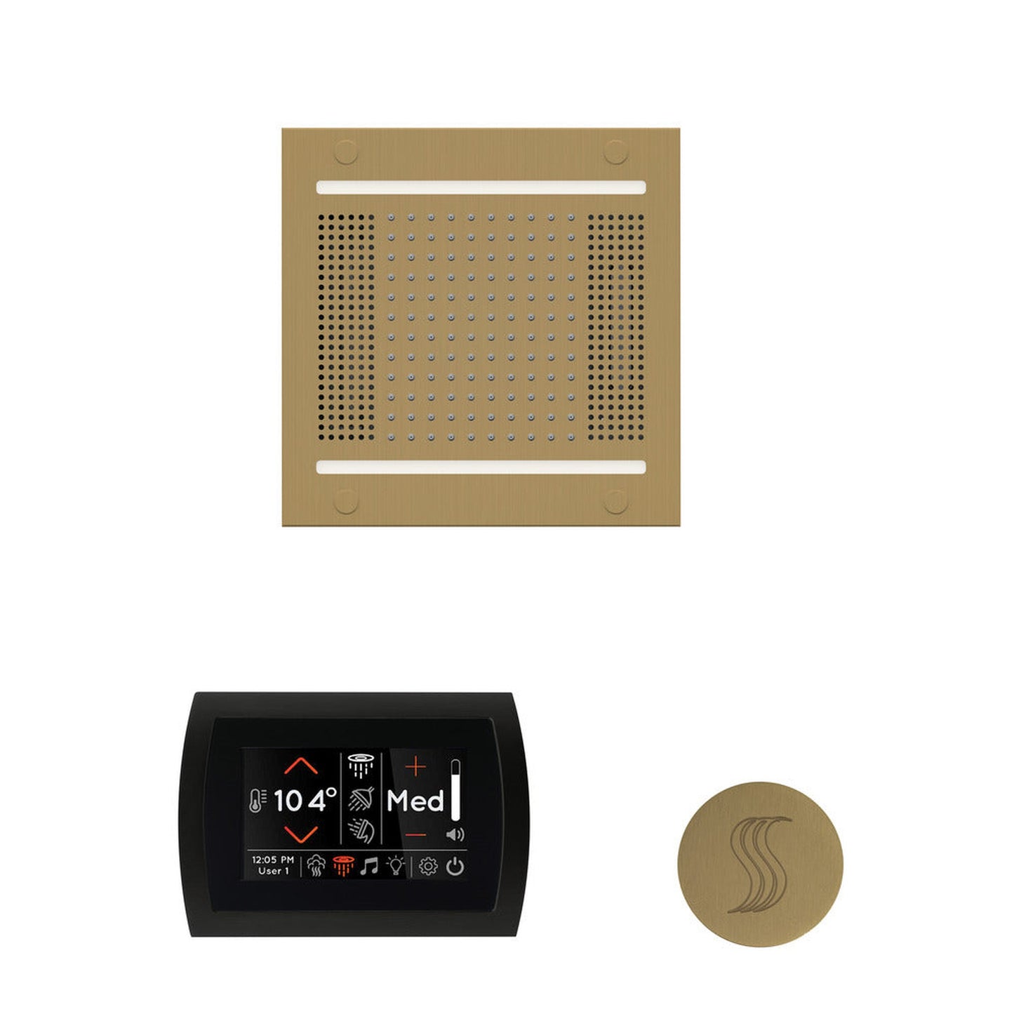 ThermaSol The Wellness Satin Brass Finish Hydrovive14 Steam Package with 5" Flushmount SignaTouch and Round SteamVection