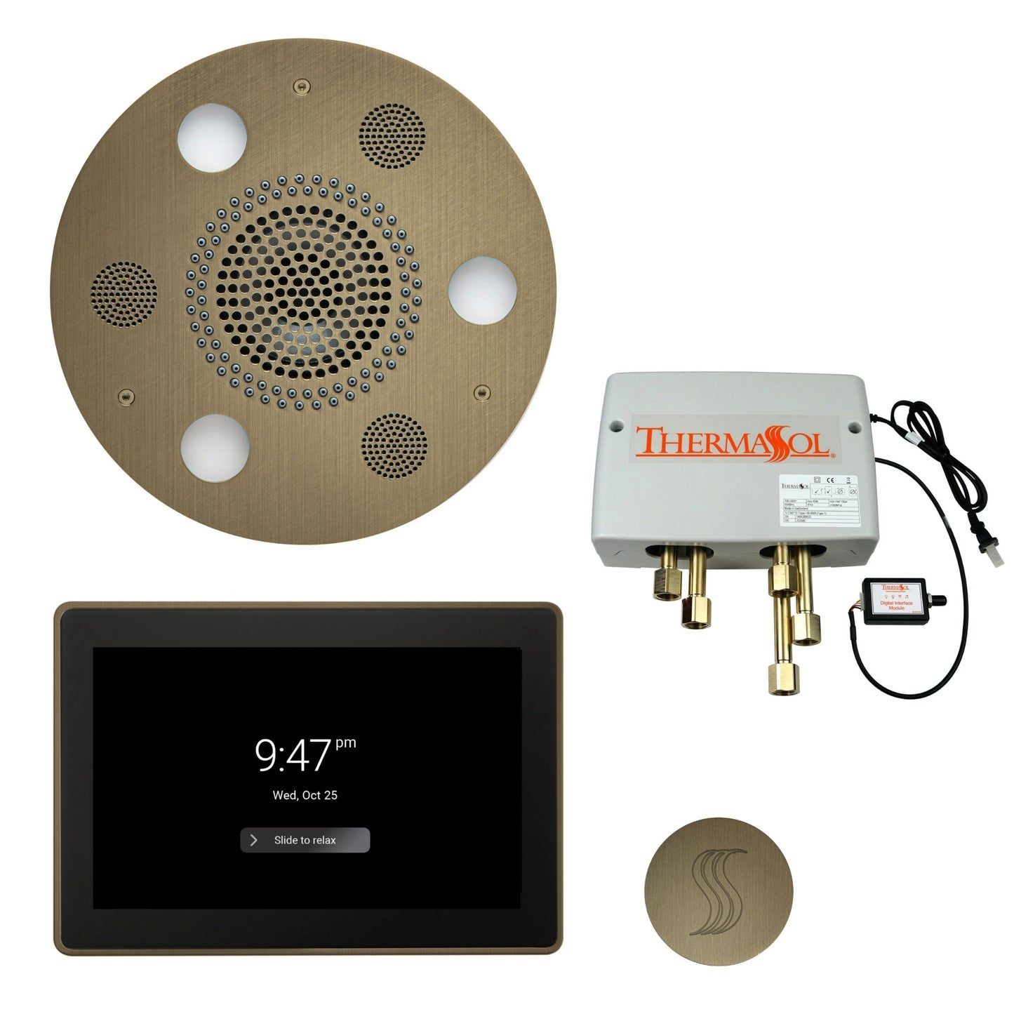 Thermasol Round Serenity Advanced Rainhead Antique Brass Total Wellness Package
