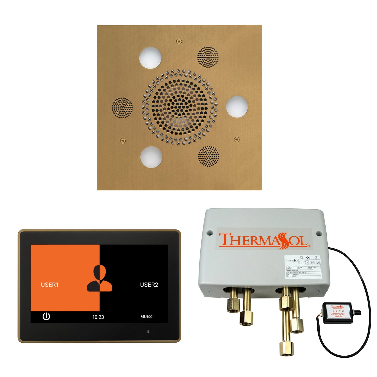 Thermasol ThermaTouch2 10 Control Satin Brass Square Serenity Advanced Rainhead Wellness Shower Package With Digital Shower Valve