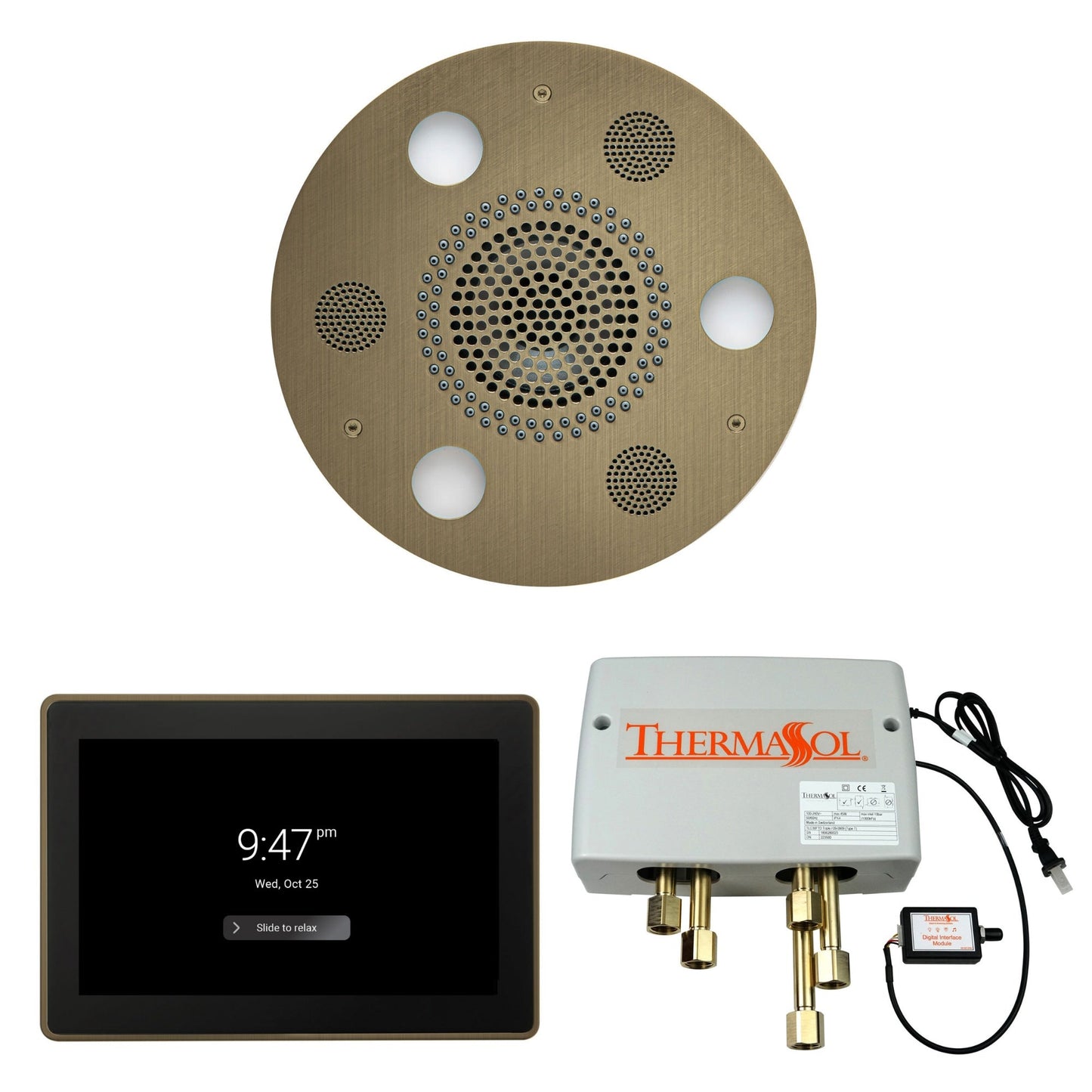 Thermasol ThermaTouch2 15 Control Antique Brass Round Serenity Advanced Rainhead Wellness Shower Package With Digital Shower Valve