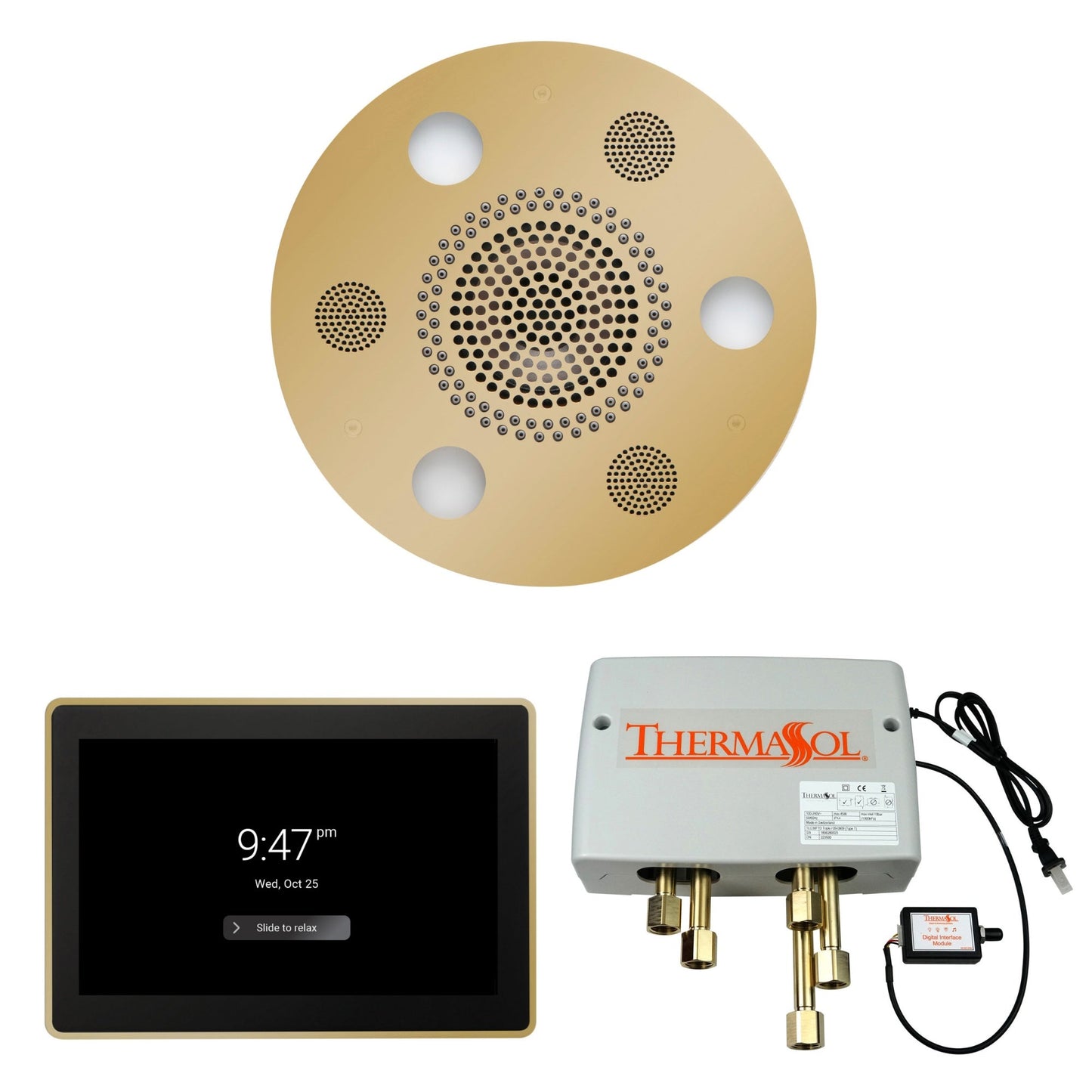 Thermasol ThermaTouch2 15 Control Polished Brass Round Serenity Advanced Rainhead Wellness Shower Package With Digital Shower Valve
