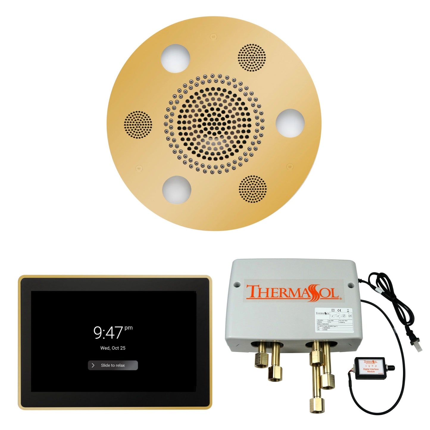 Thermasol ThermaTouch2 15 Control Polished Gold Round Serenity Advanced Rainhead Wellness Shower Package With Digital Shower Valve