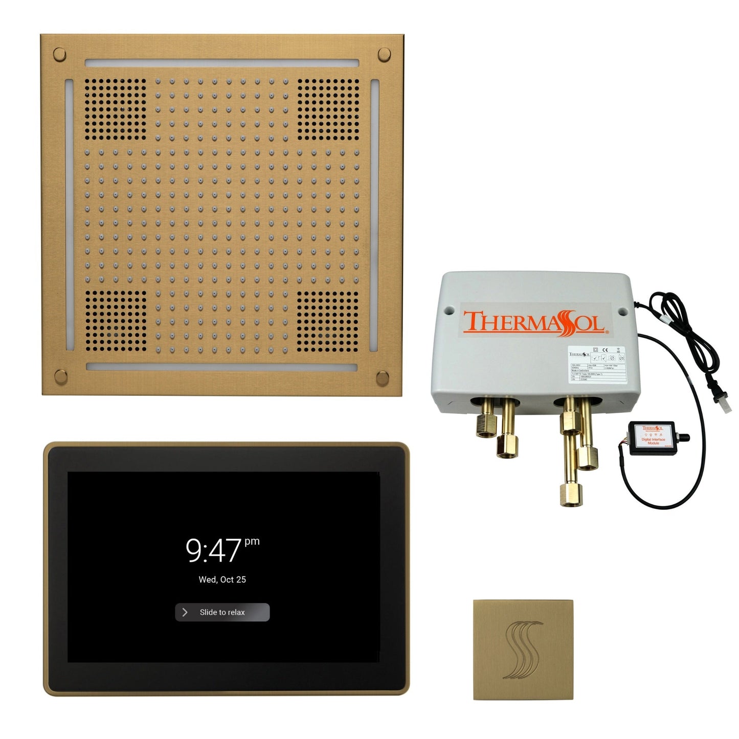 Thermasol ThermaTouch2 15 Control Satin Brass HydroVive 18 Total Wellness Package With Square Steam Head Kit