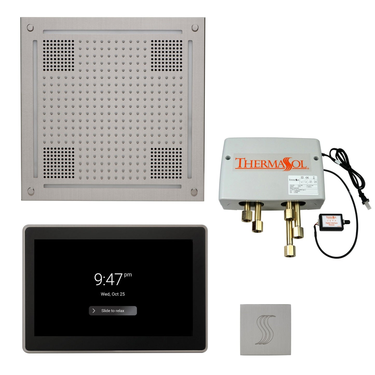 Thermasol ThermaTouch2 15 Control Satin Chrome HydroVive 18 Total Wellness Package With Square Steam Head Kit