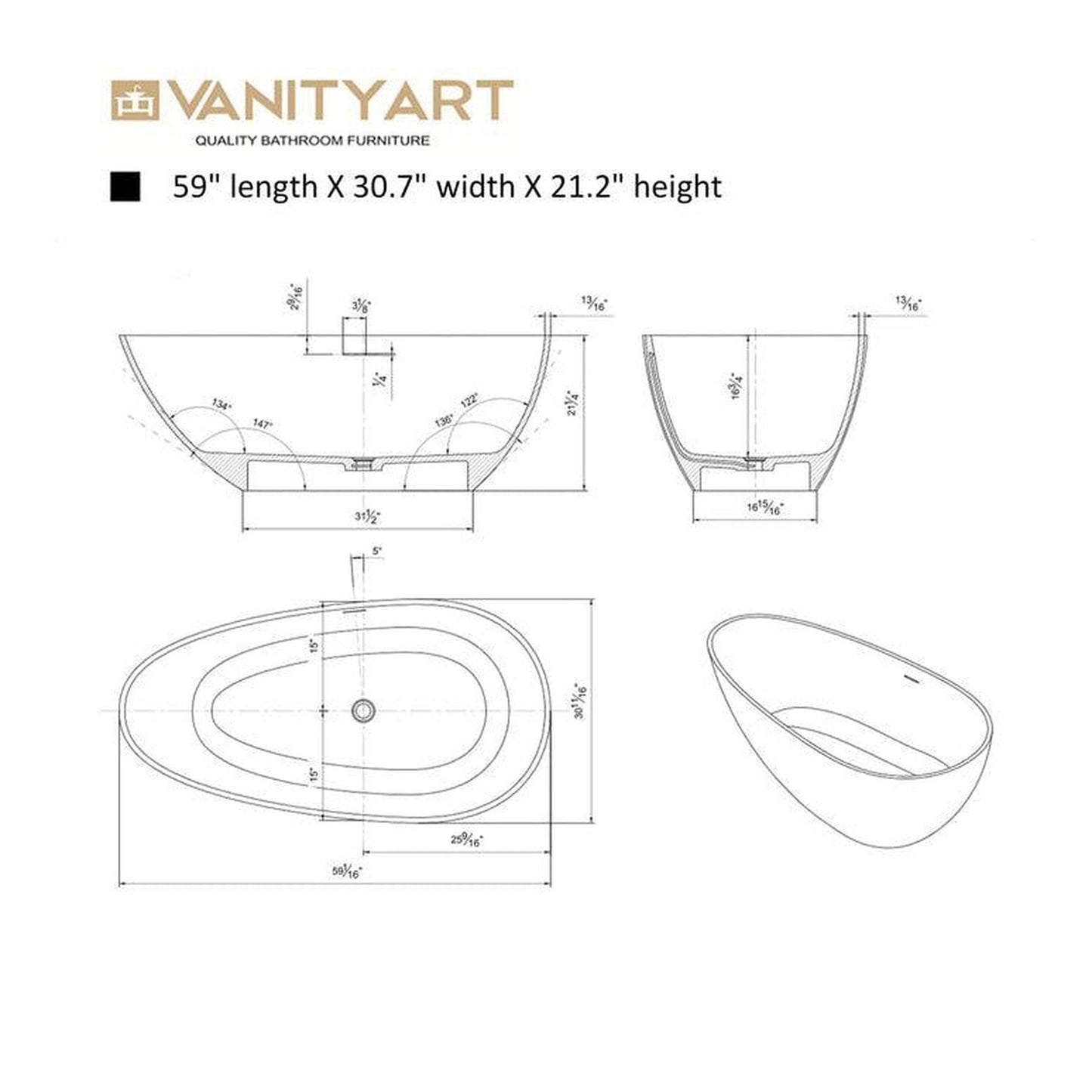 Vanity Art 59" Matte White Contemporary Design Soaking Tub With Overflow and Pop-up Drain