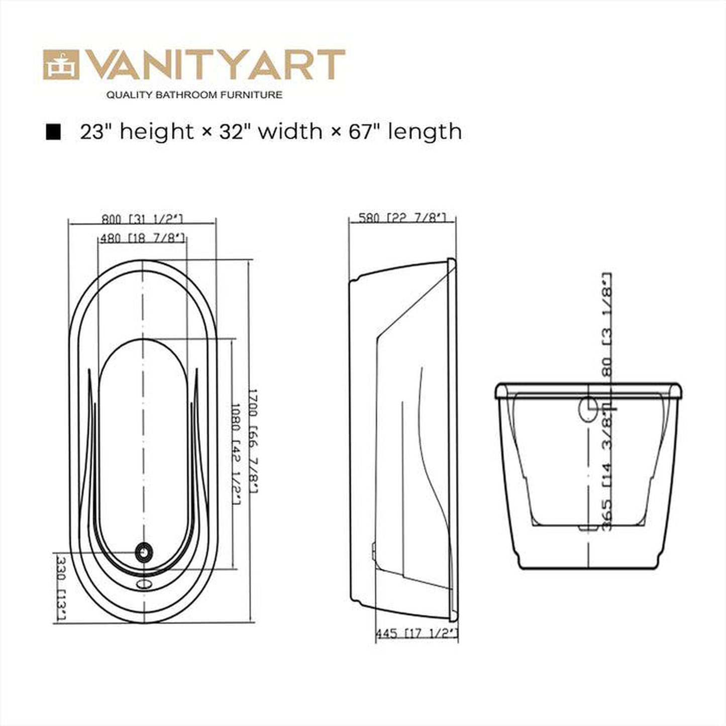 Vanity Art 59" W x 23" H White Acrylic Freestanding Bathtub With Polished Chrome Round Overflow and Pop-up Drain