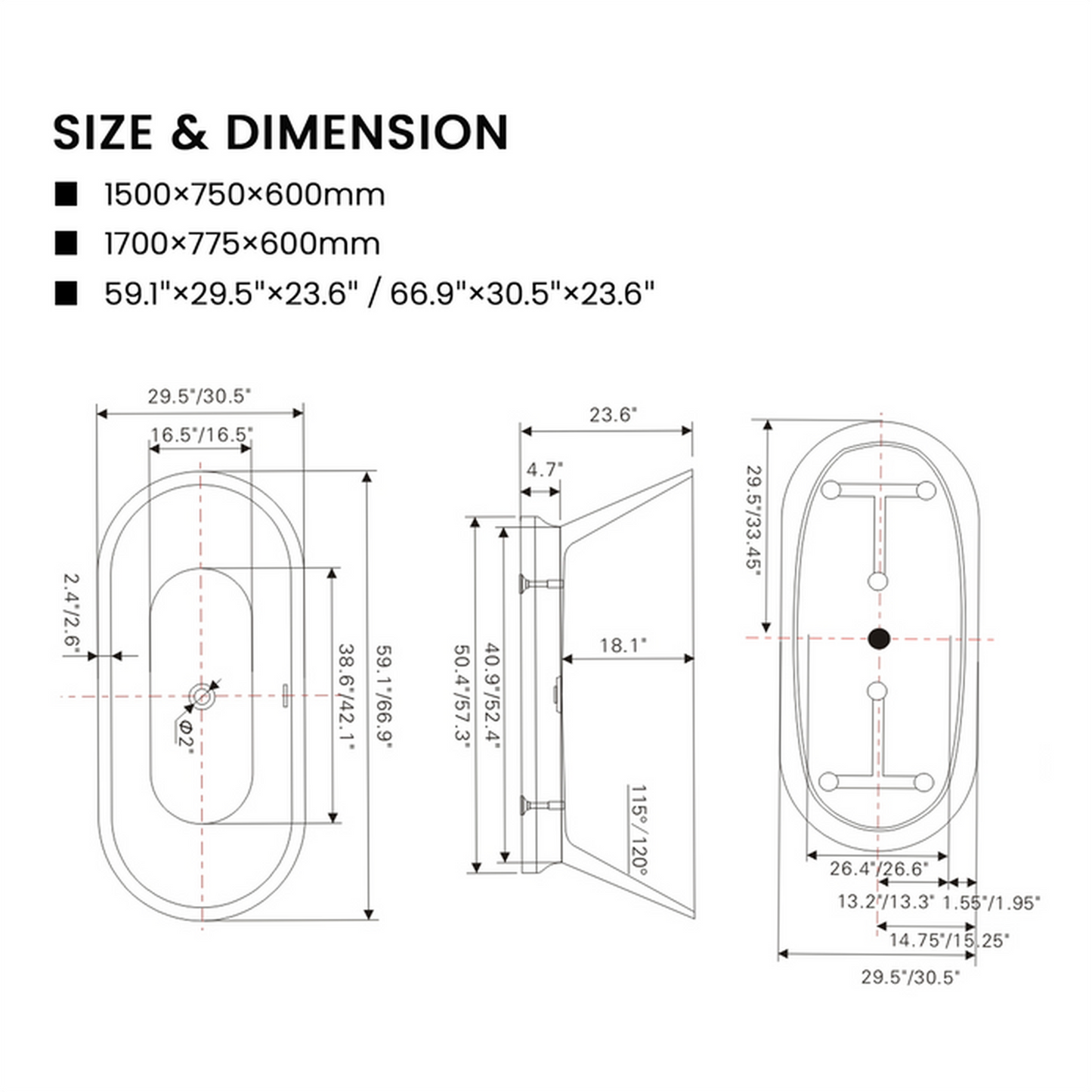 Vanity Art 59" x 24" White Acrylic Modern Freestanding Bathtub With Polished Chrome Pop-up Drain, Slotted Overflow and Flexible Drain Hose
