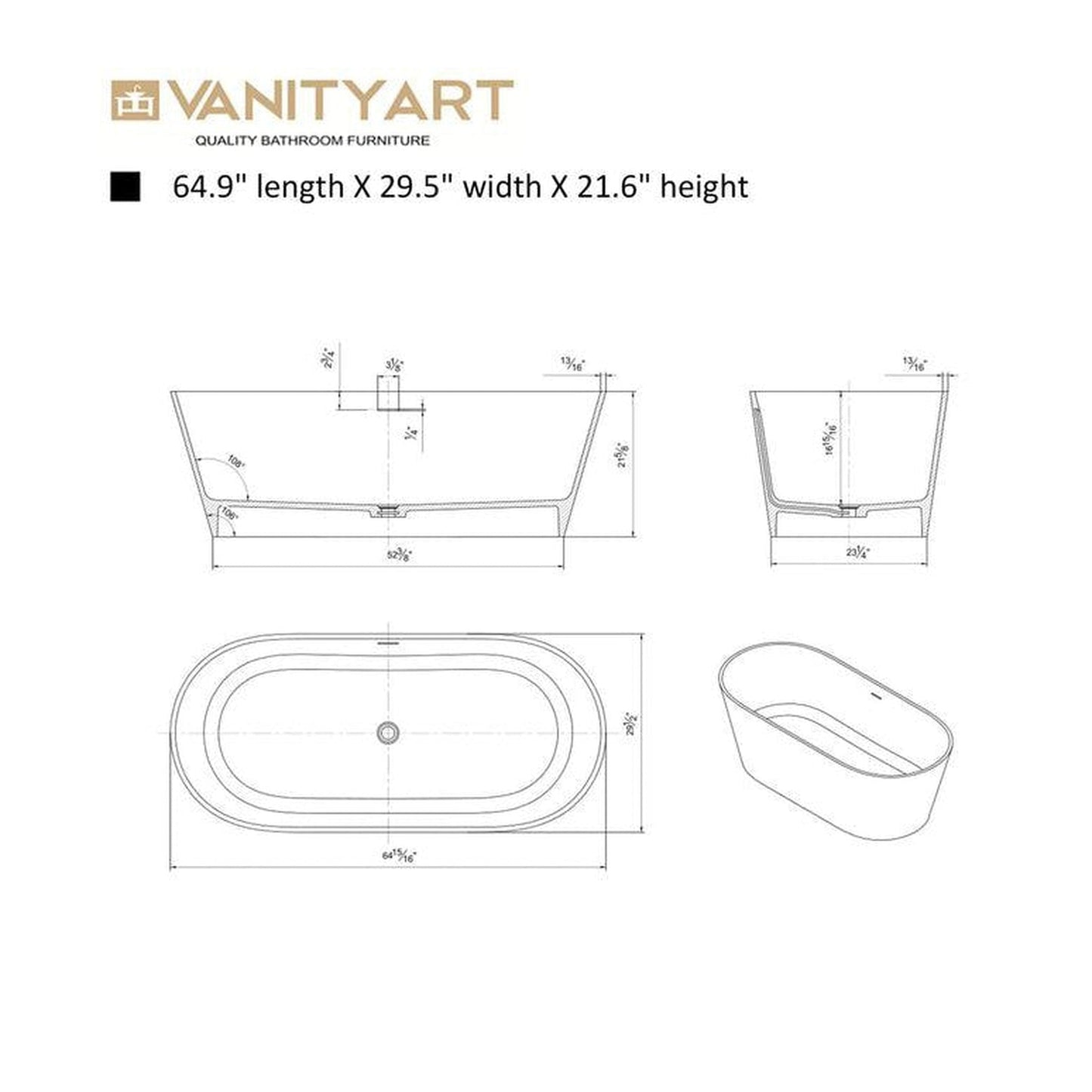 Vanity Art 65" Matte White Solid Surface Resin Stone Freestanding Bathtub With Overflow and Pop-up Drain